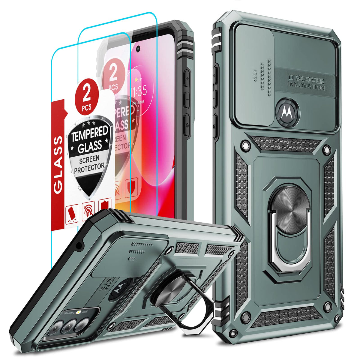 Leyi For Moto G Pure Case, Moto G Power 2022 Case With Slide Camera Cover + [2 Pack] Tempered Glass Screen Protectors, Military 