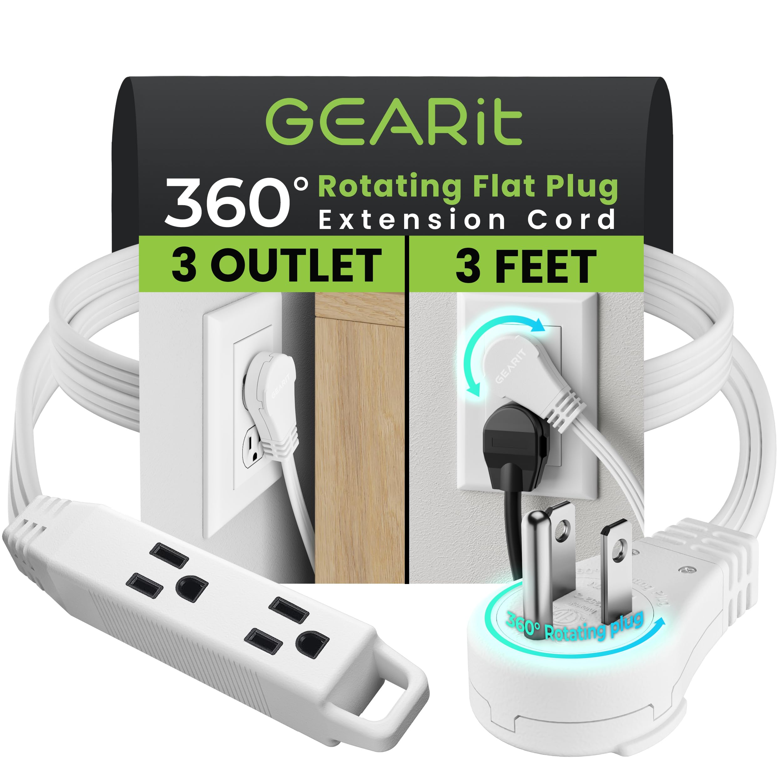 Gearit 360 Rotating Flat Plug Extension Cord (3Ft, White) Multi 3 Outlet Extension 16 Awg Wire, Adapter For Small Spaces, Right