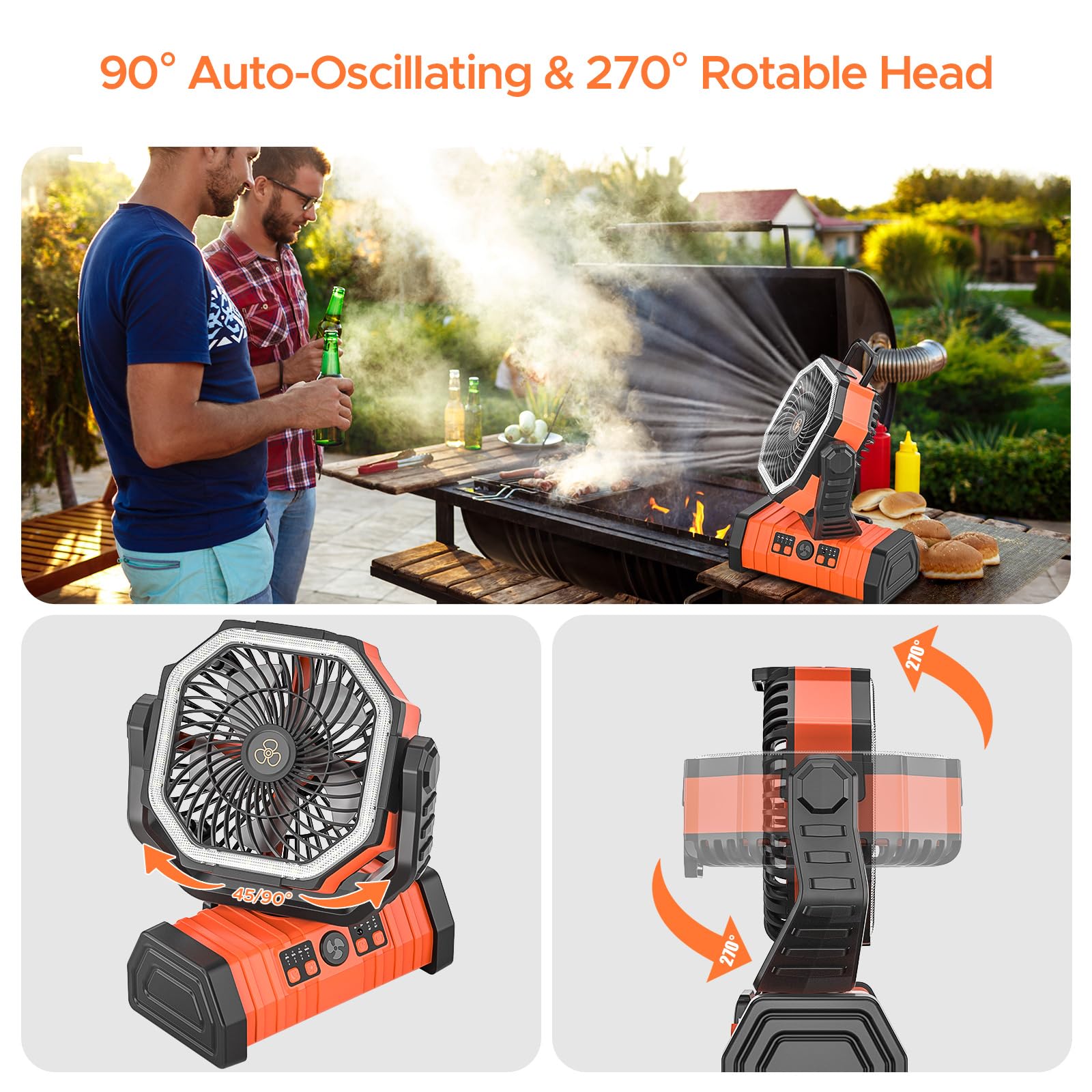 Rechargeable Camping Fan With Led Lantern, 20000Mah Auto Oscillating Battery Operated Fan With Remote/Hook/Timer, 8    Portable