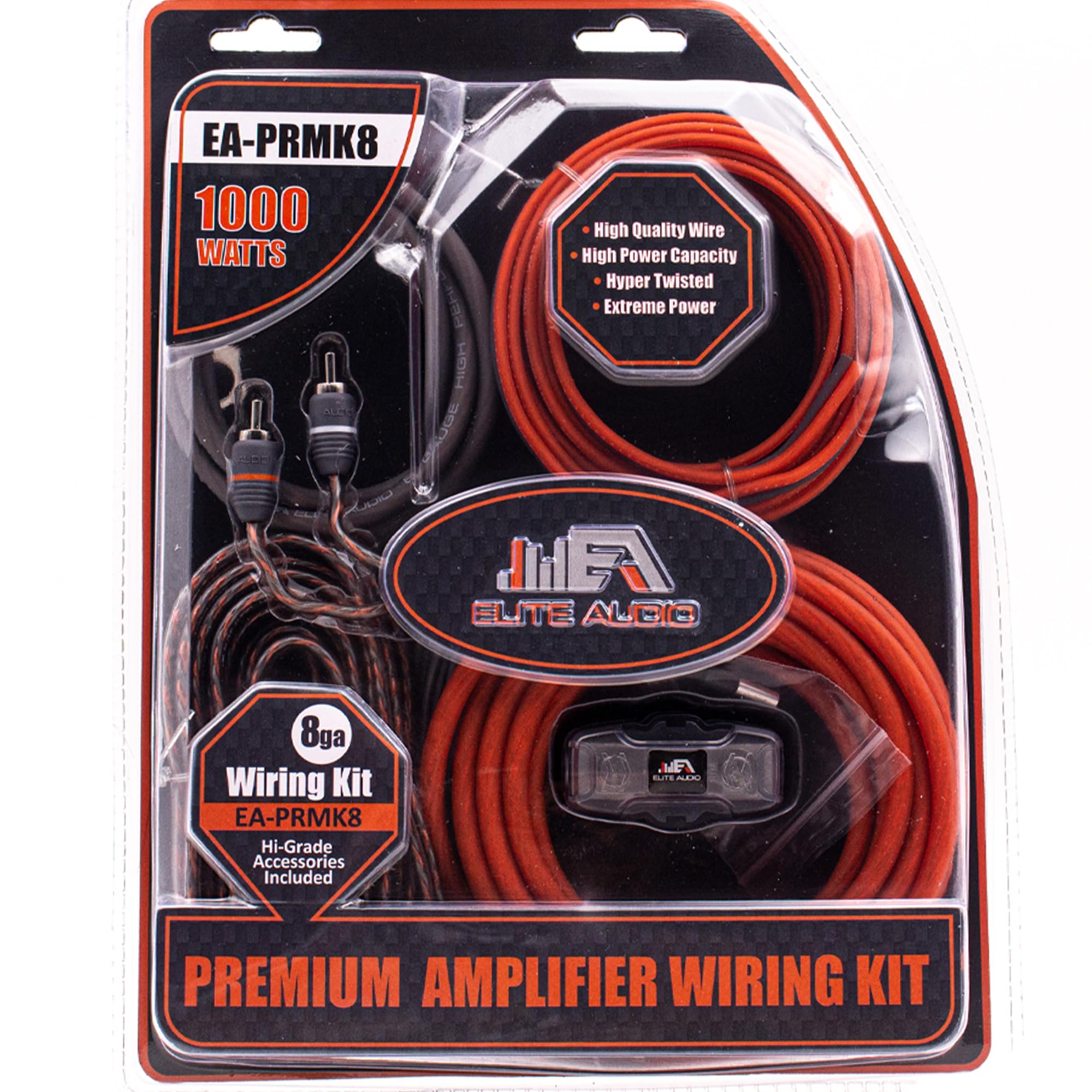 Elite Audio Premium Series 8 Gauge Amp Kit   1000W Max Power, Copper Clad Aluminum Wire, Triple Shielded Rca Cables, High Power Capacity, Mini Anl Fuse Holder, Car Amplifier Install Kit   Ea Prmk8