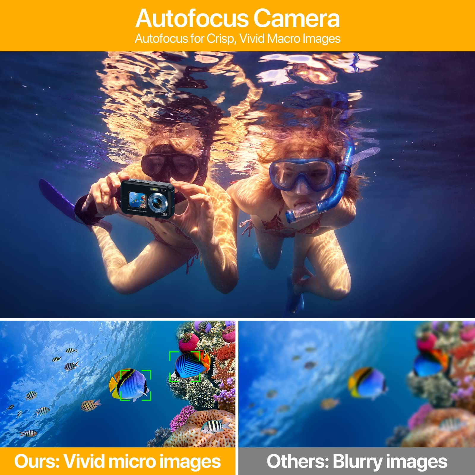 4K Underwater Camera With 64Gb Card, 11Ft Waterproof Camera Dual-Screen Selfie Underwater Cameras For Snorkeling 16X Digital Zoo