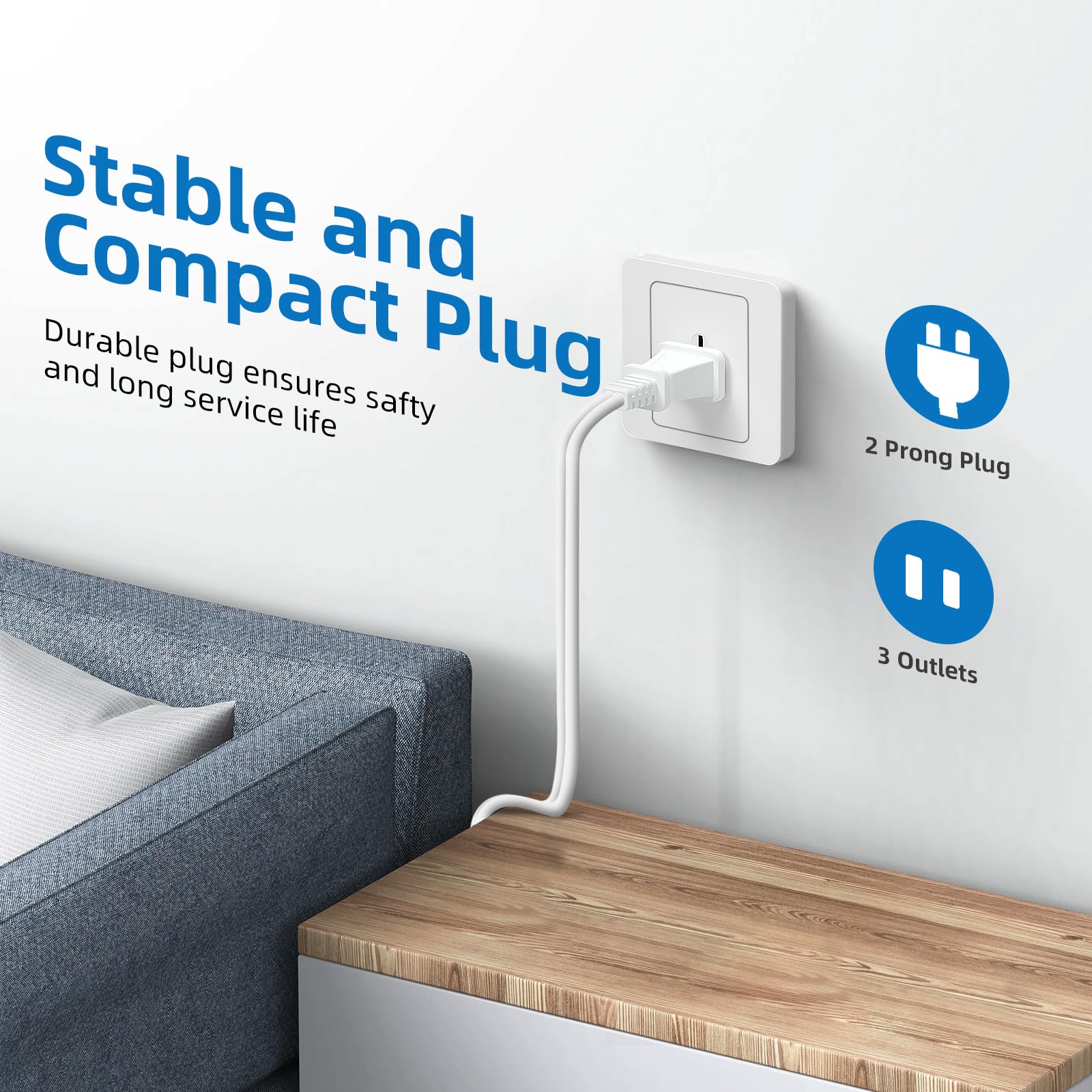 Tiffcofio Indoor Extension Cord, 2 Prong 12 Feet Extension Cord, 3 Polarized Outlets With Safety Slide Windows,13A/1625W, 16 Awg