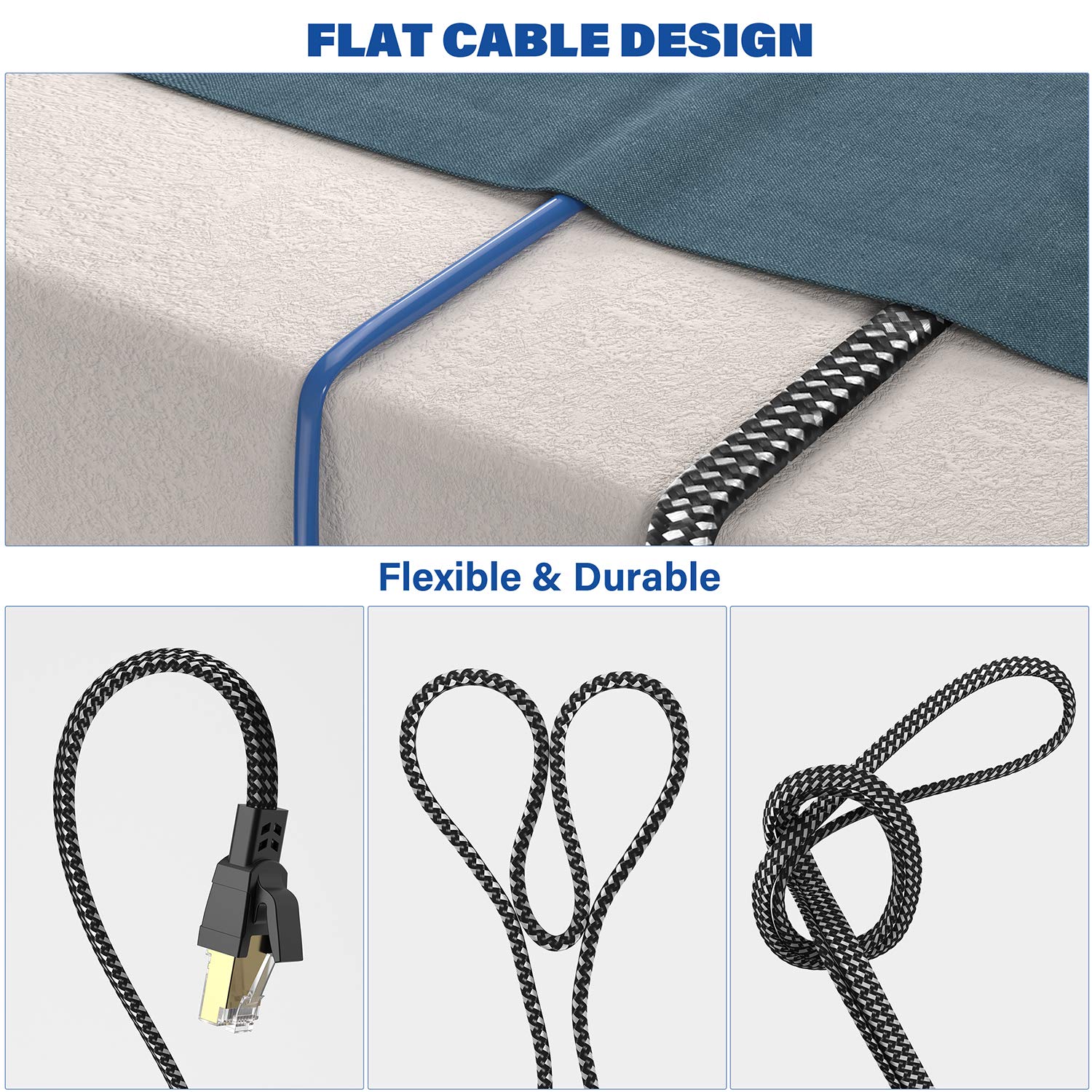 Cat 8 Ethernet Cable 30 Ft, Nylon Braided High Speed Heavy Duty Cat8 Network Lan Patch Cord, 40Gbps 2000Mhz Sftp Rj45 Flat Inter