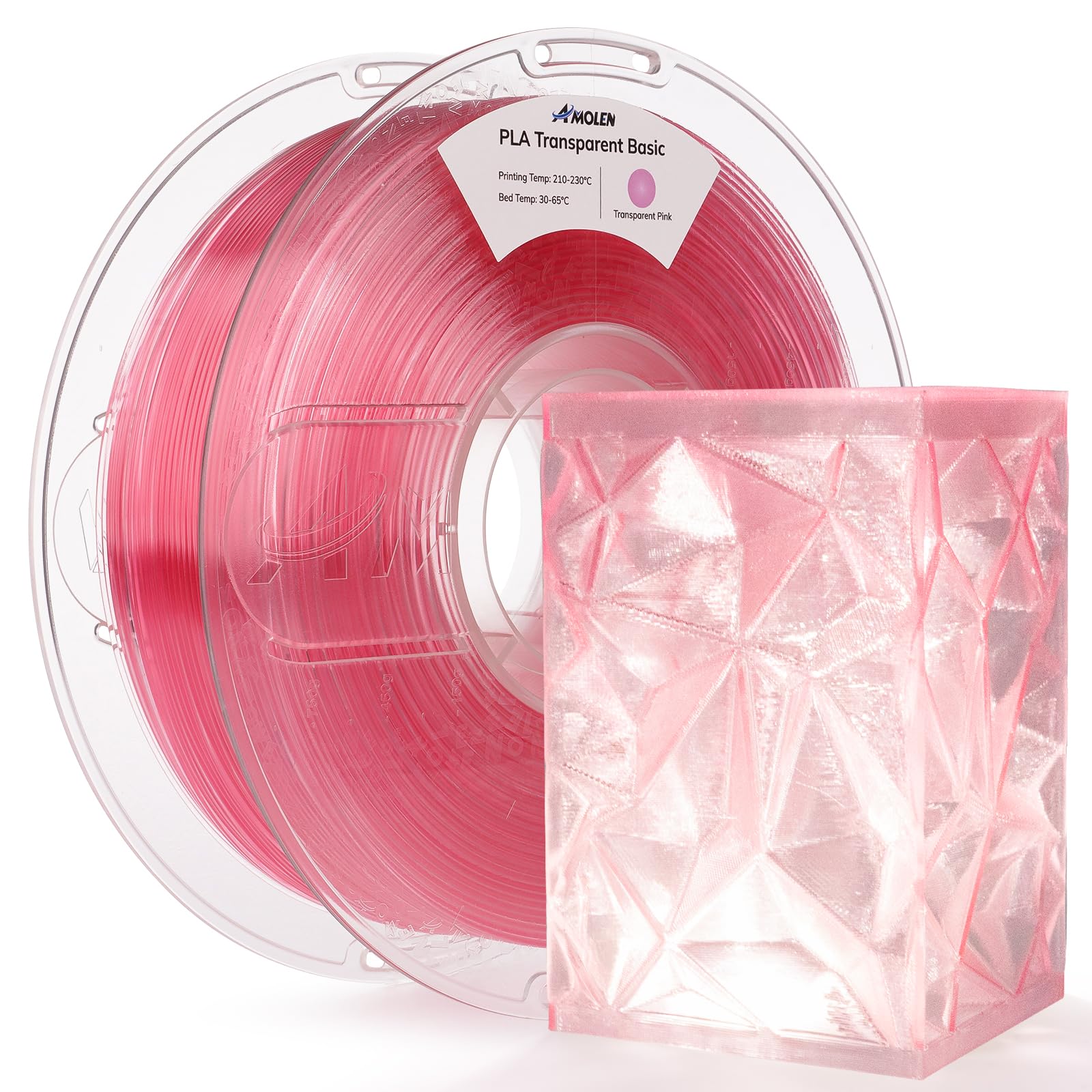 AMOLEN 3D Printer Filament Crystal PLA Transparent 1.75mm, Crystal Pink Clear Printing, Low Warping & No-Bubbles, Dimensional Ac
