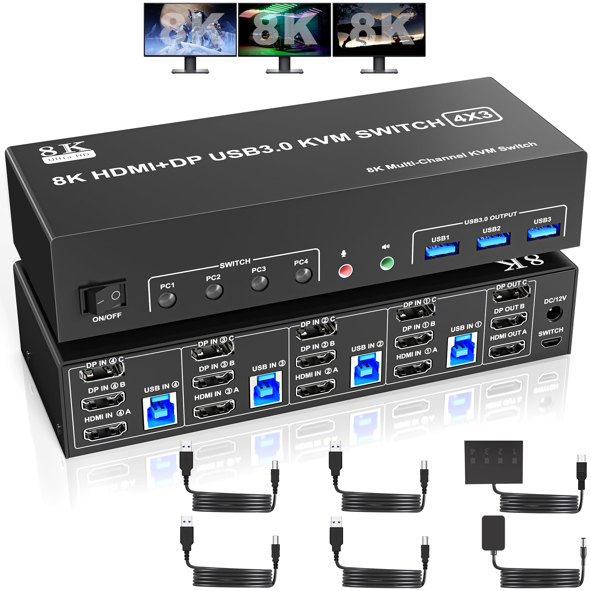 8K@60Hz Usb3.0 Kvm Switch 3Monitors 4Computers 4K@144Hz, 2 Displayport +1 Hdmi Triple Monitor Kvm Switch For 4Pc With Audio And