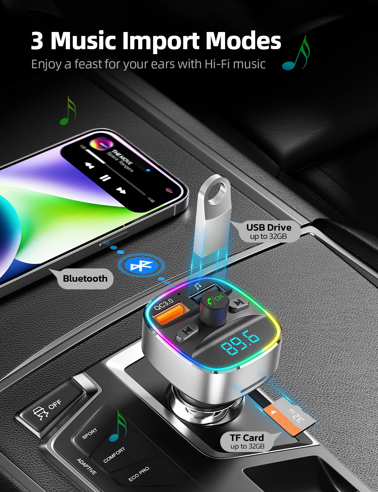 Nulaxy Bluetooth Fm Transmitter For Car,Bluetooth Car Adapter With Dual Usb Charging Car Charger Mp3 Player Support Tf Card & Usb Disk,Hands Free Calling,7 Colors Led Backlit Light Silver