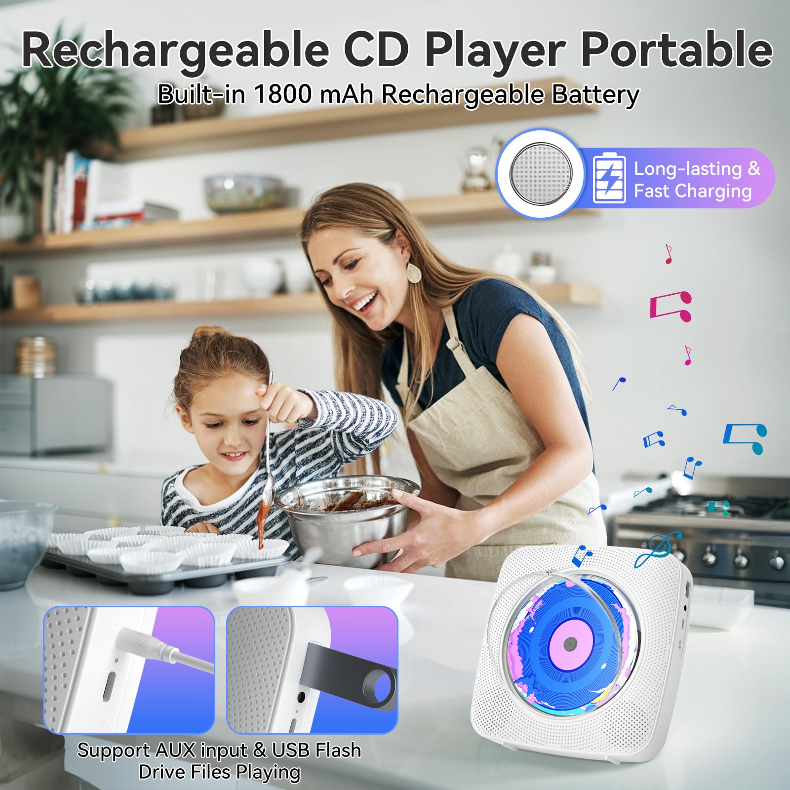 Cd Player Portable Bluetooth Rechargeable: Cd Players For Home With 1800Mah Kegaudio Desktop Wall Cd Player With Speakers Fm Rad