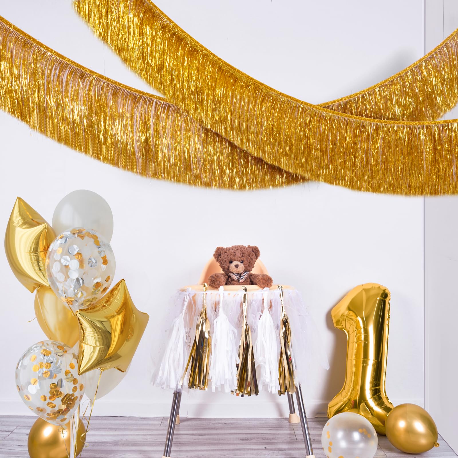 C&B Gold Foil Fringe Garland Party Decorations, 6 Feet Gold Tinsel Metallic Glitter Banner, Hanging Gold Banner Table Skirt For