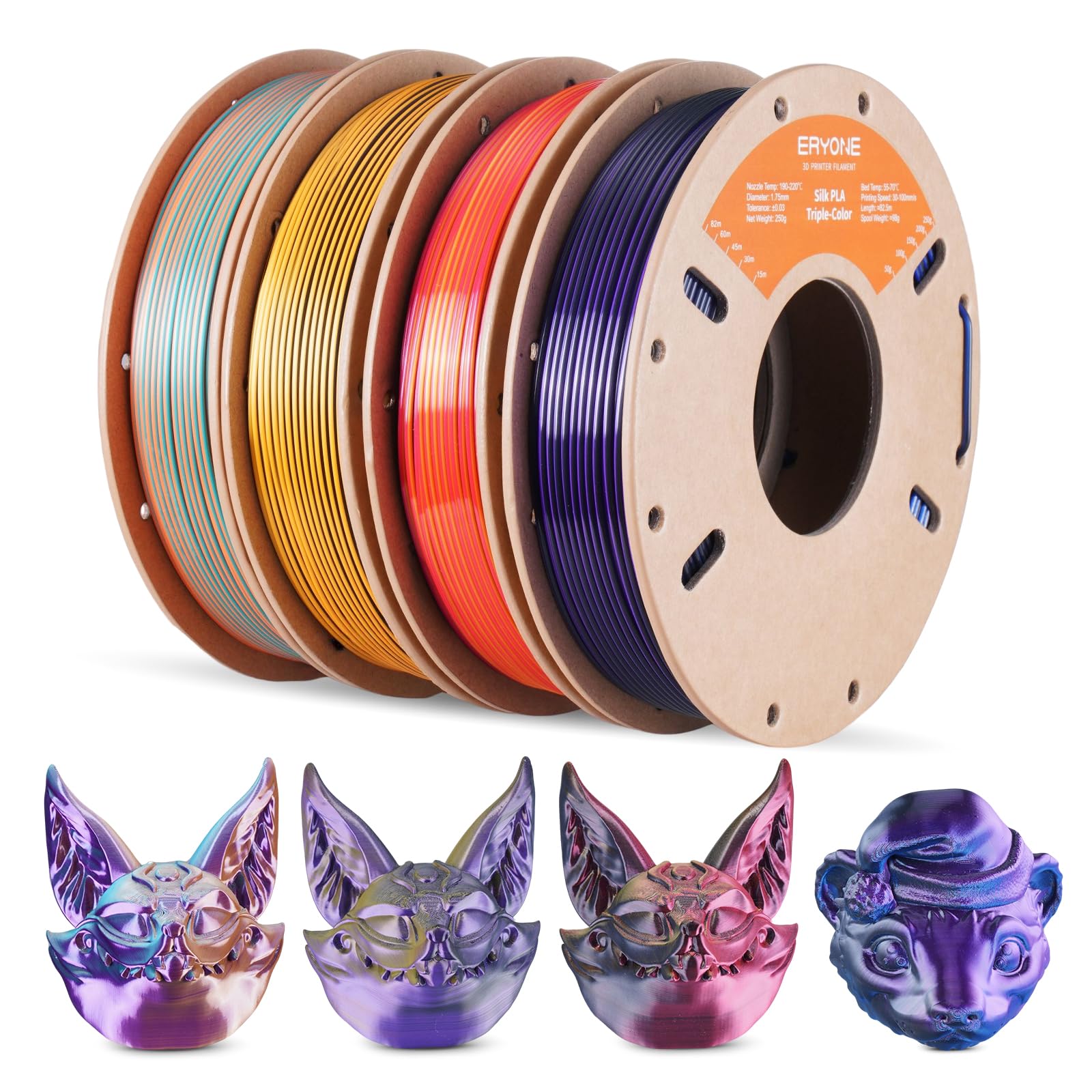 ERYONE Silk Tricolor Coextrusion Shiny 3D Printer Filament Bundle, PLA 1.75+/-0.03mm, 3D Printing Filament 250gX 4 Spools, Silk 