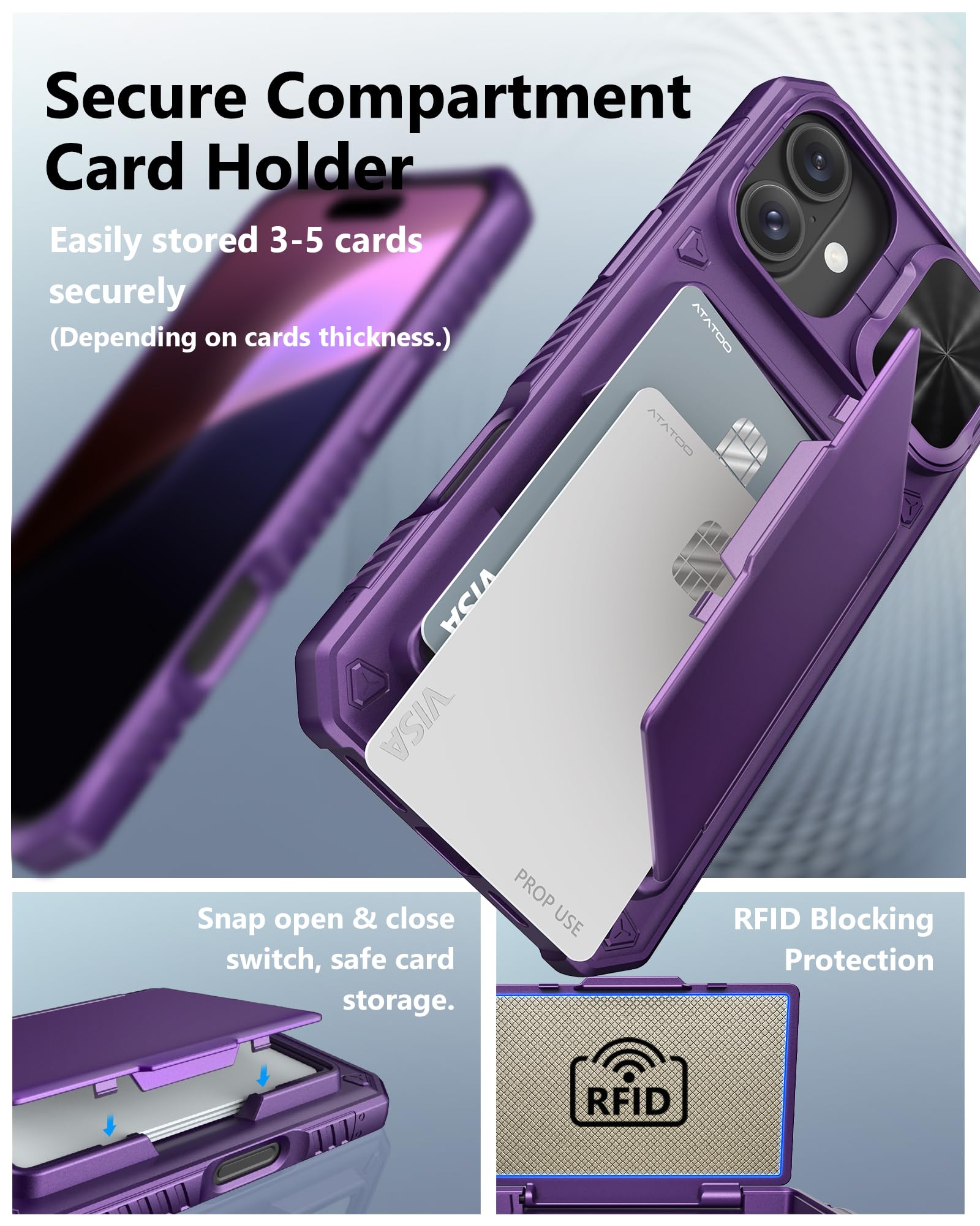 Atatoo For Iphone 16 Plus Case Wallet With Card Holder (Store 3 5 Cards) & Slide Lens Cover, Military Grade Protection, Rugged S