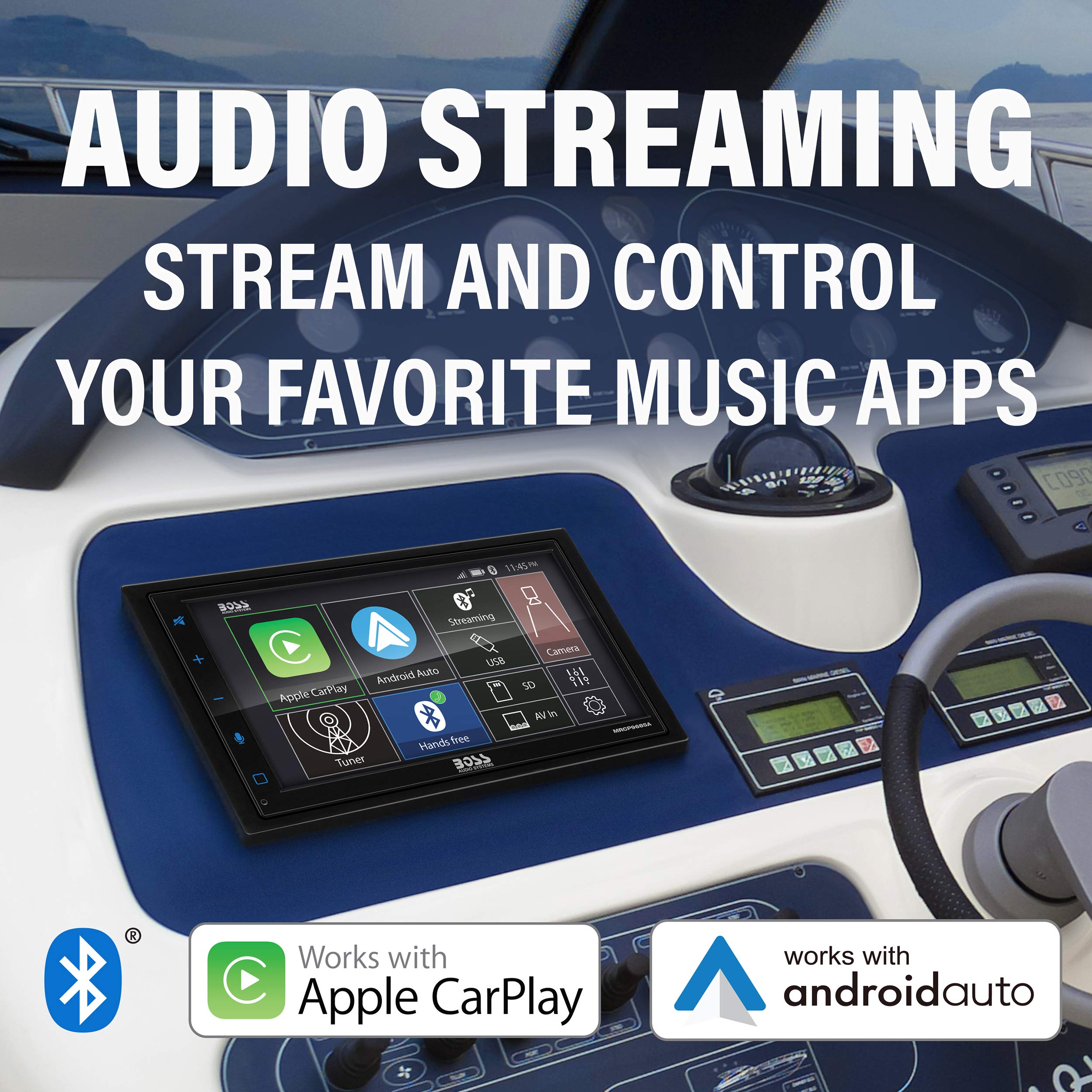 Boss Audio Systems Marine Rated Weatherproof Mrcp9685A Apple Carplay Android Auto Multimedia Player   Double Din, 6.75 Inch Lcd