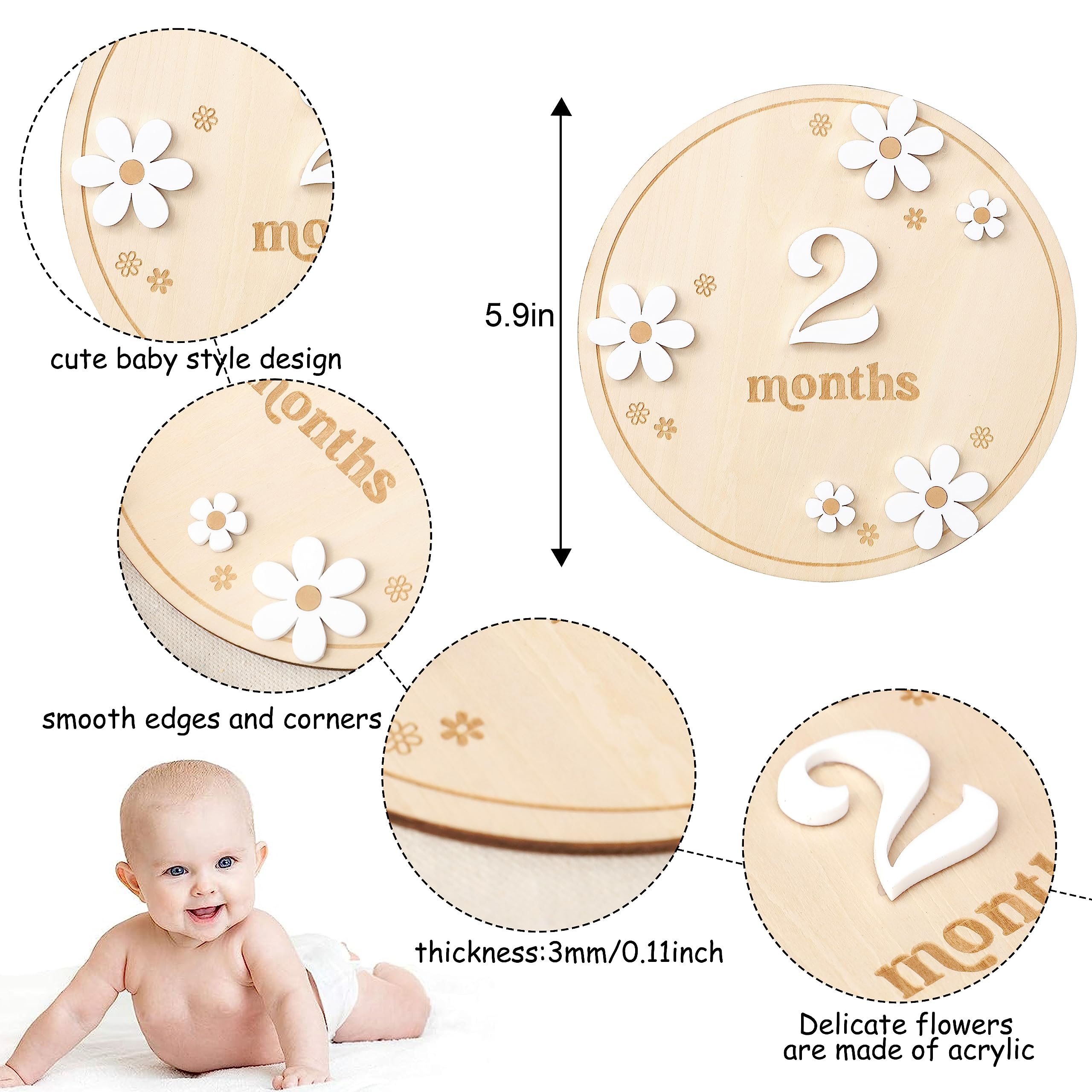 Wooden Boho Daisy Flower Milestone Cards   1 12 Months Interchangeable Milestone Card Decor,Baby Party Photo Prop,Full Moon Back