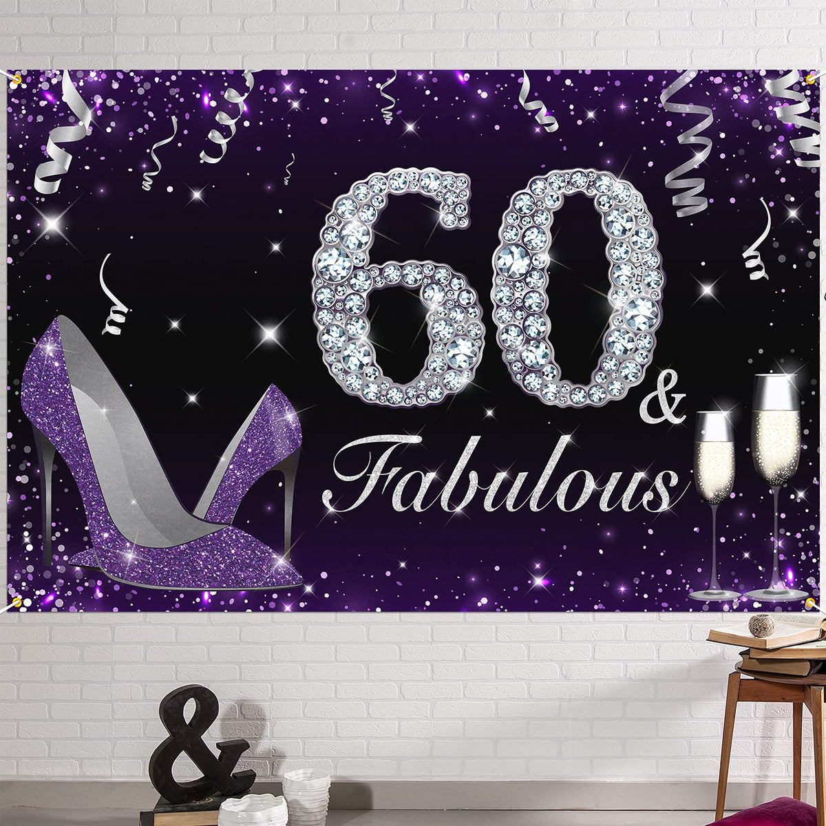 Hamigar 6X4Ft Happy 60Th Birthday Banner Backdrop   60  Fabulous Heels Birthday Decorations Party Supplies For Women   Purple