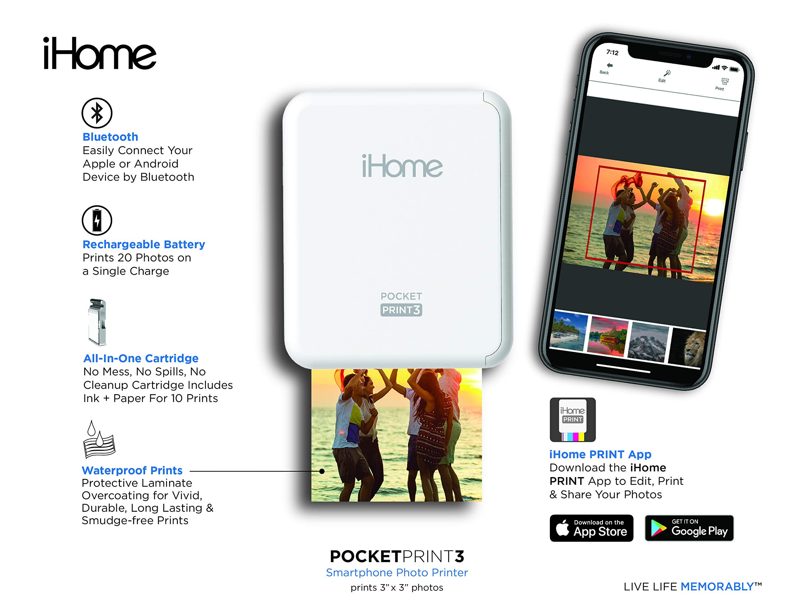 Ihomea Pocketprint3A Mobile Photo Printer Square 3X3 Inch Printouts (White)