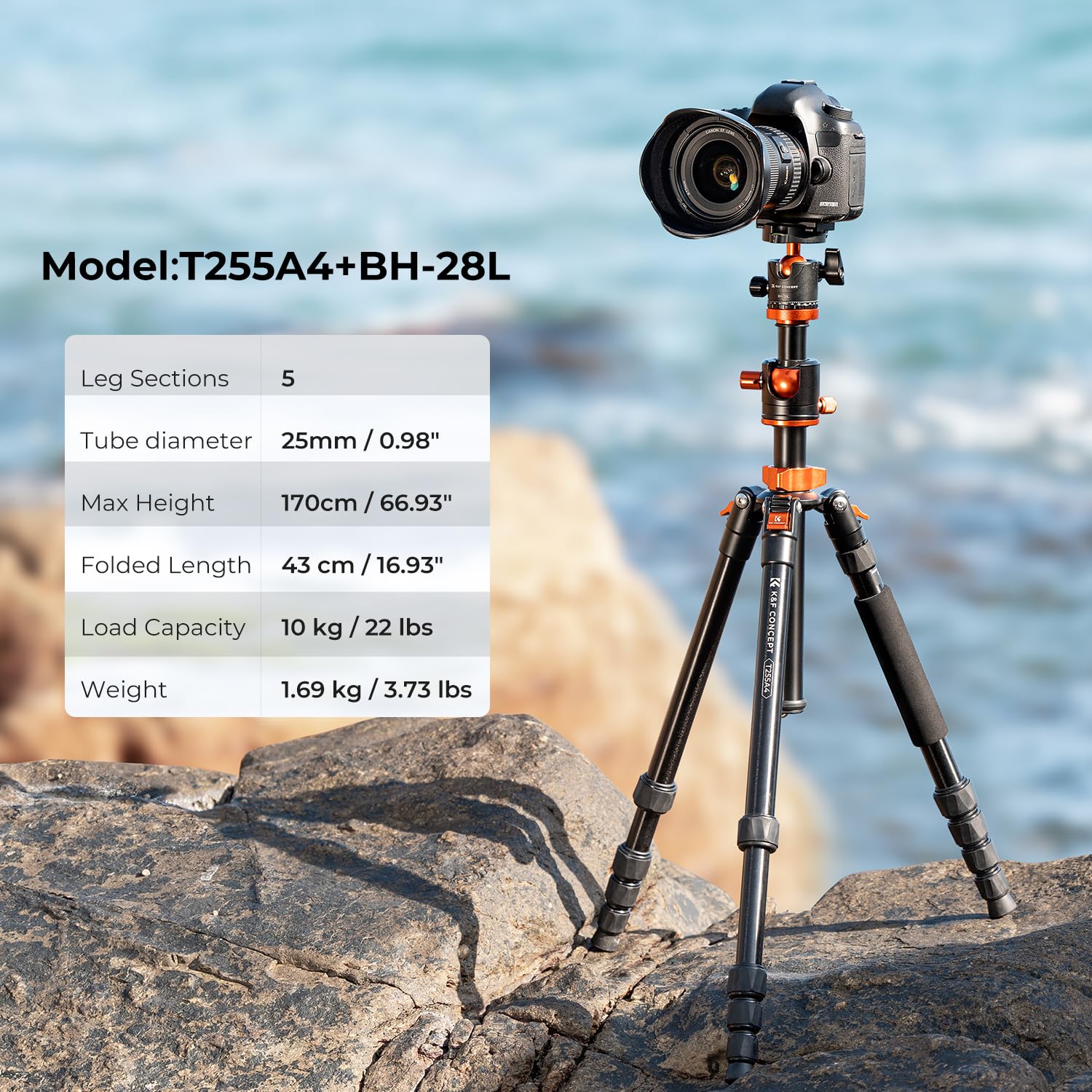 K&F Concept 67 Inch Camera Tripod Horizontal Aluminum Tripods Portable Monopod With 360 Degree Ball Head Quick Release Plate For Dslr Cameras T255A4+Bh 28L (Tm2515T1)