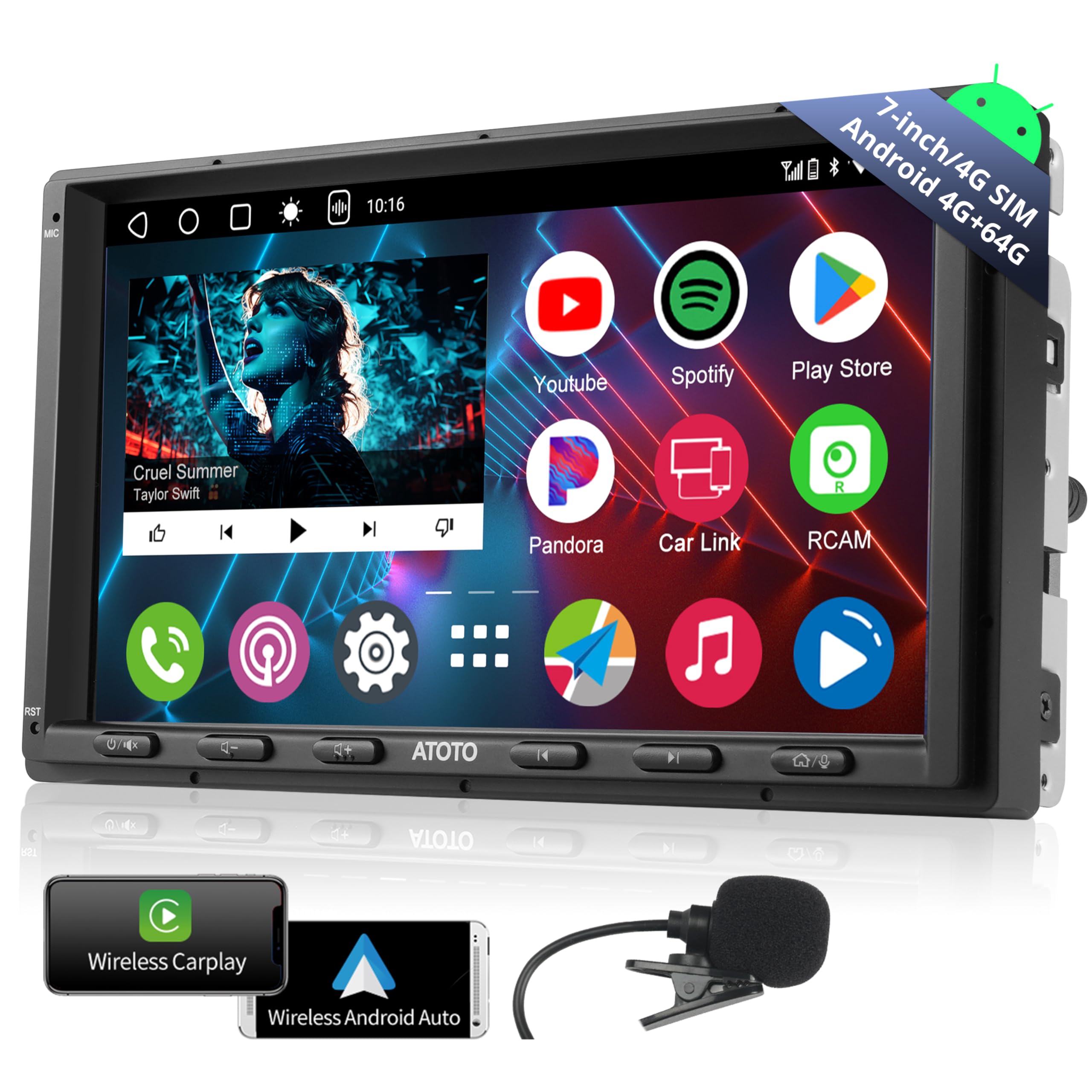 Myatoto 7 Inch Double Din Carplay/Android Auto Wireless, 4G+64G Android Car Stereo, Chatgpt Ai Car Radio Bluetooth, Hd Touchscre