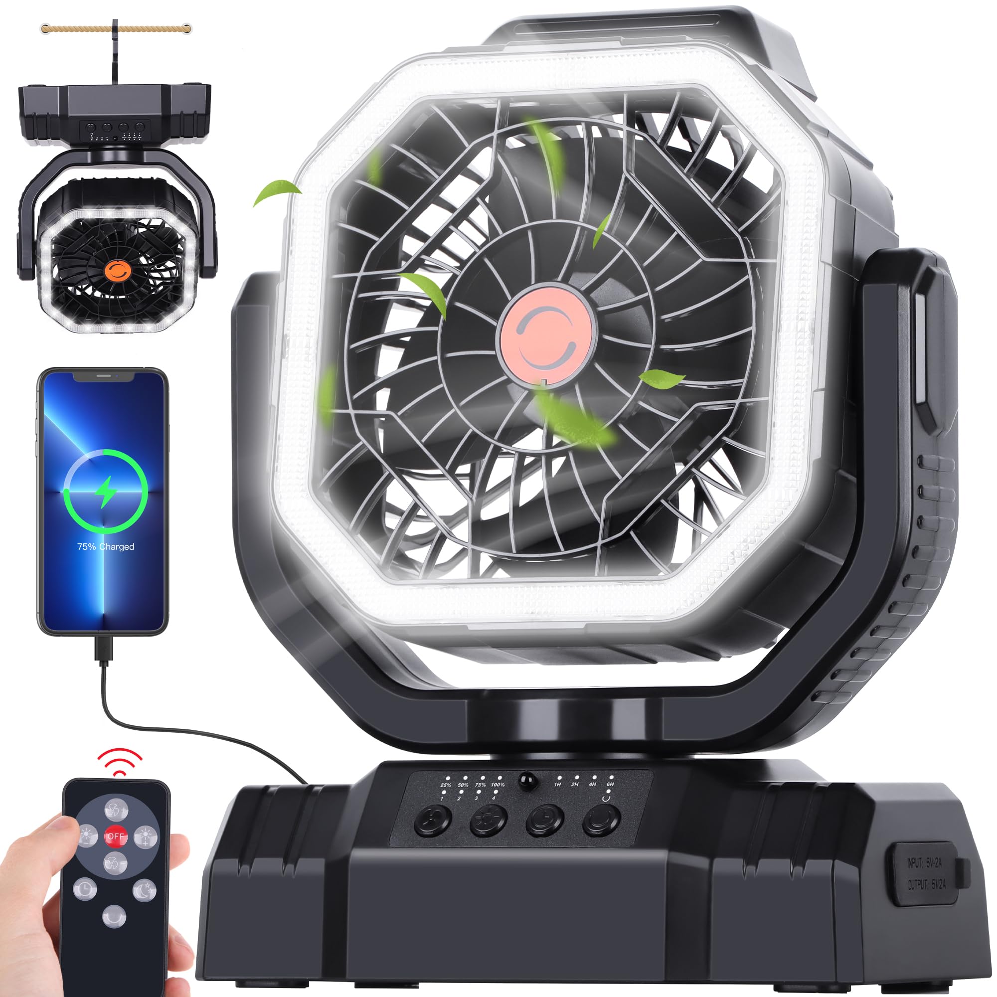 Avv High Speed Portable Camping Rechargeable Fan, Beach Fan With Remote Control, Battery Powered Fan With Auto Oscillating Outdo