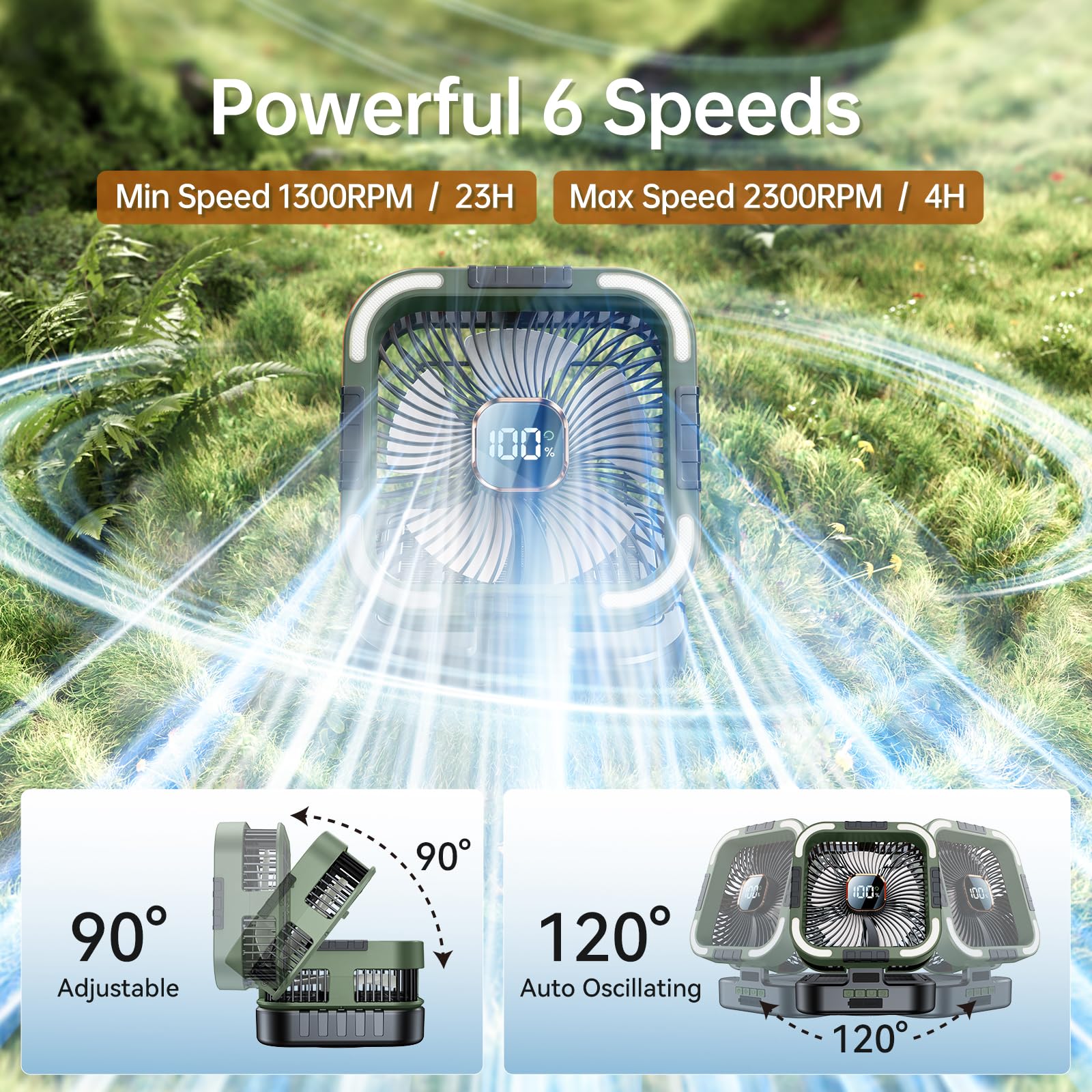 Kimmoo Solar Camping Fan With Light-10000Mah Rechargeable Portable, 6 Speeds, Digital Display, Timer, 120 Oscillation, Cordless