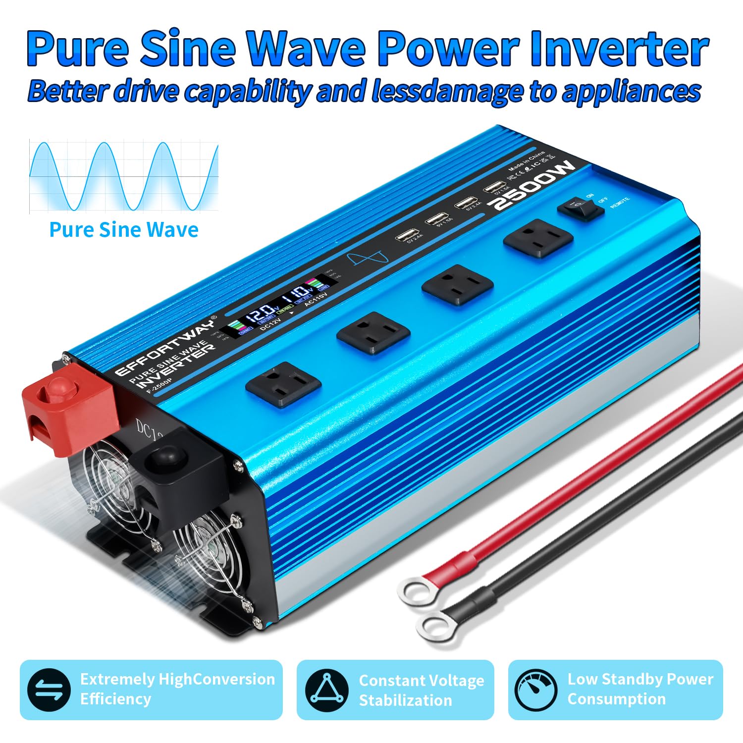 2500W Pure Sine Wave Inverter Dc 12V To Ac 110V/120V Converter, 5000W (Peak) With Lcd Display, Wireless/Wired Remote Control, 4A