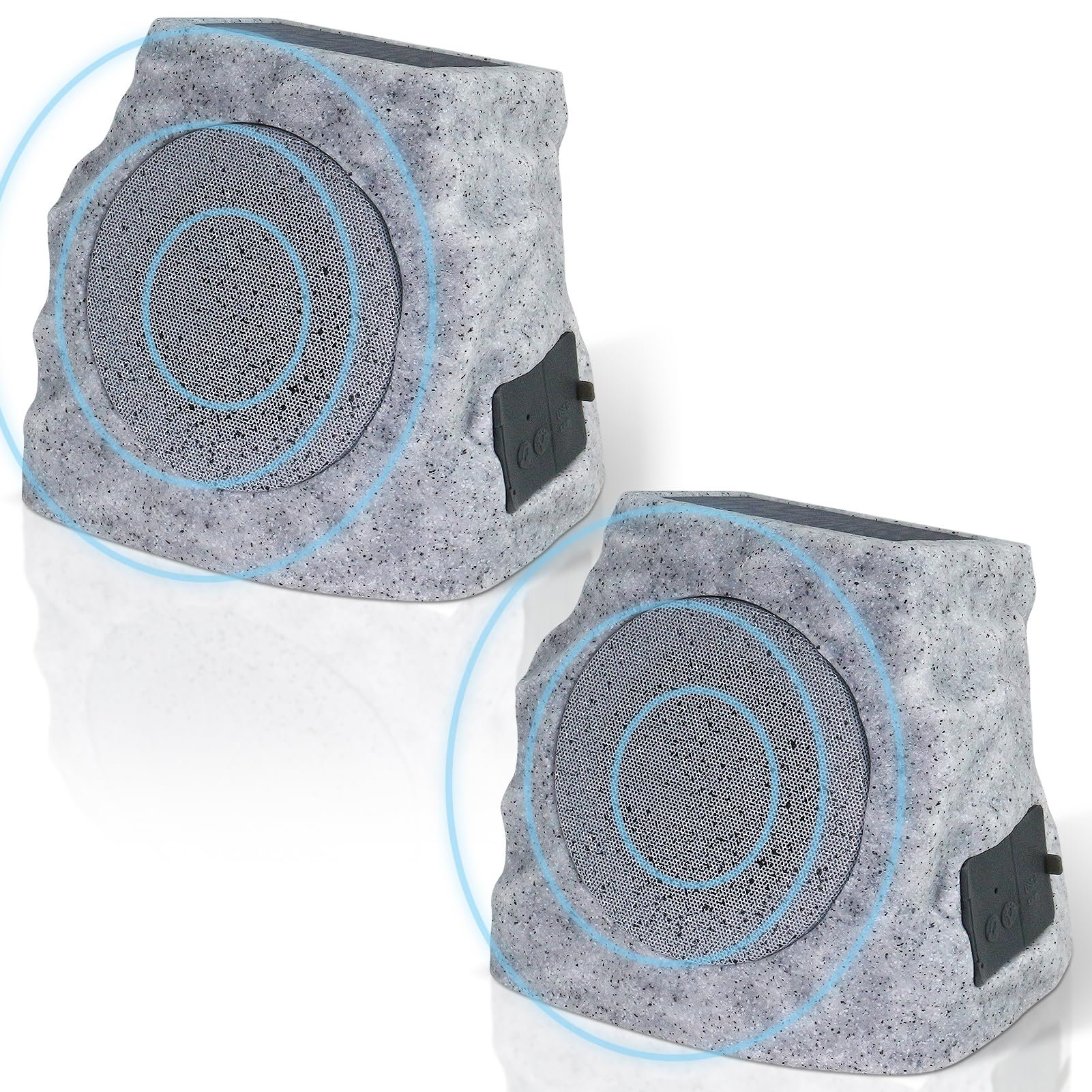 GGII 2-Pack Solar Powered Rock Speakers Outdoor Water-Resistant with 3 Mode Lights and Pair Function USB Rechargeable for Patio