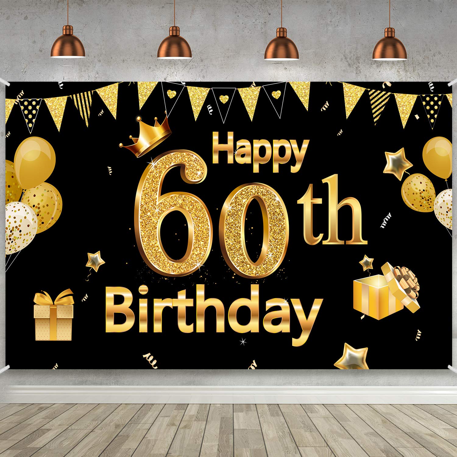 60Th Birthday Banner For Men Women, 60Th Party Decoration Supplies Backdrop Large Black Gold Sign Poster Photo Booth Background