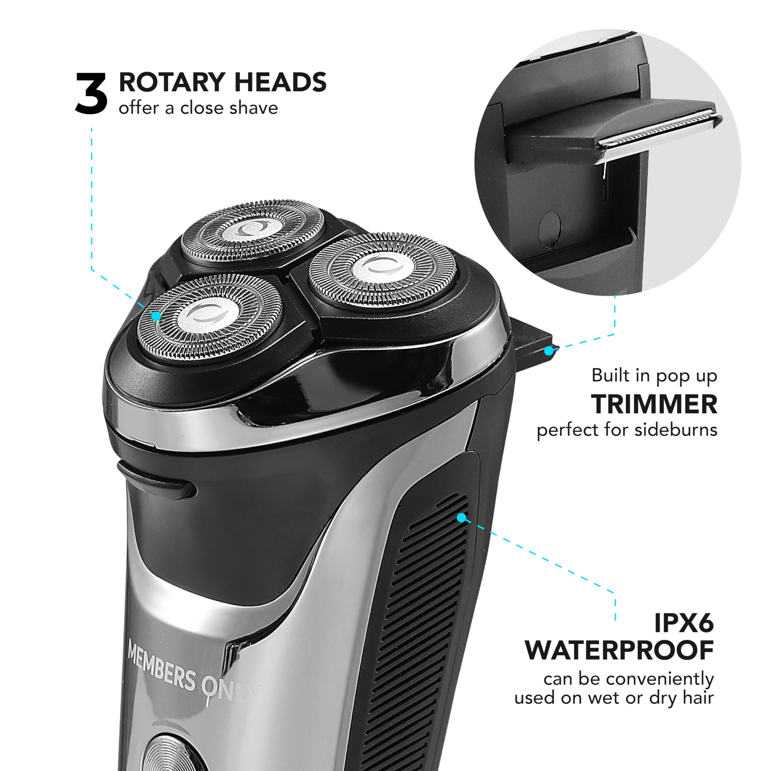 Members Only Electric Razor For Men, Lithium Metallic Cordless 3 Heads Rotary Shaver, Precision Trimming, Close Shave With Built