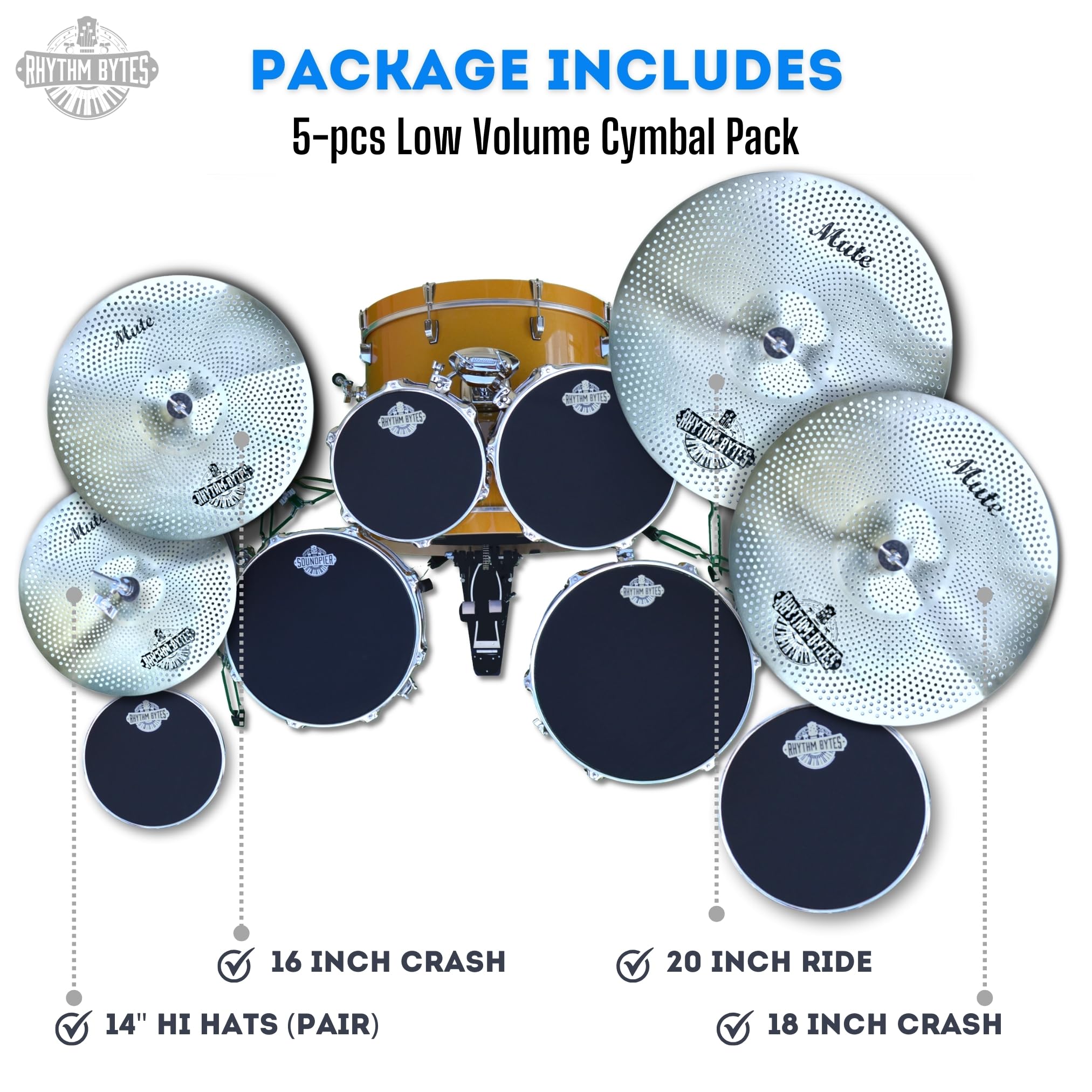 Rhythm Bytes Low Volume Cymbal Pack | 5-Pcs Quiet Cymbal Set | Silent Practice For Drums - 14 Hi-Hats, 16 Crash, 18 Crash, 20 Ri