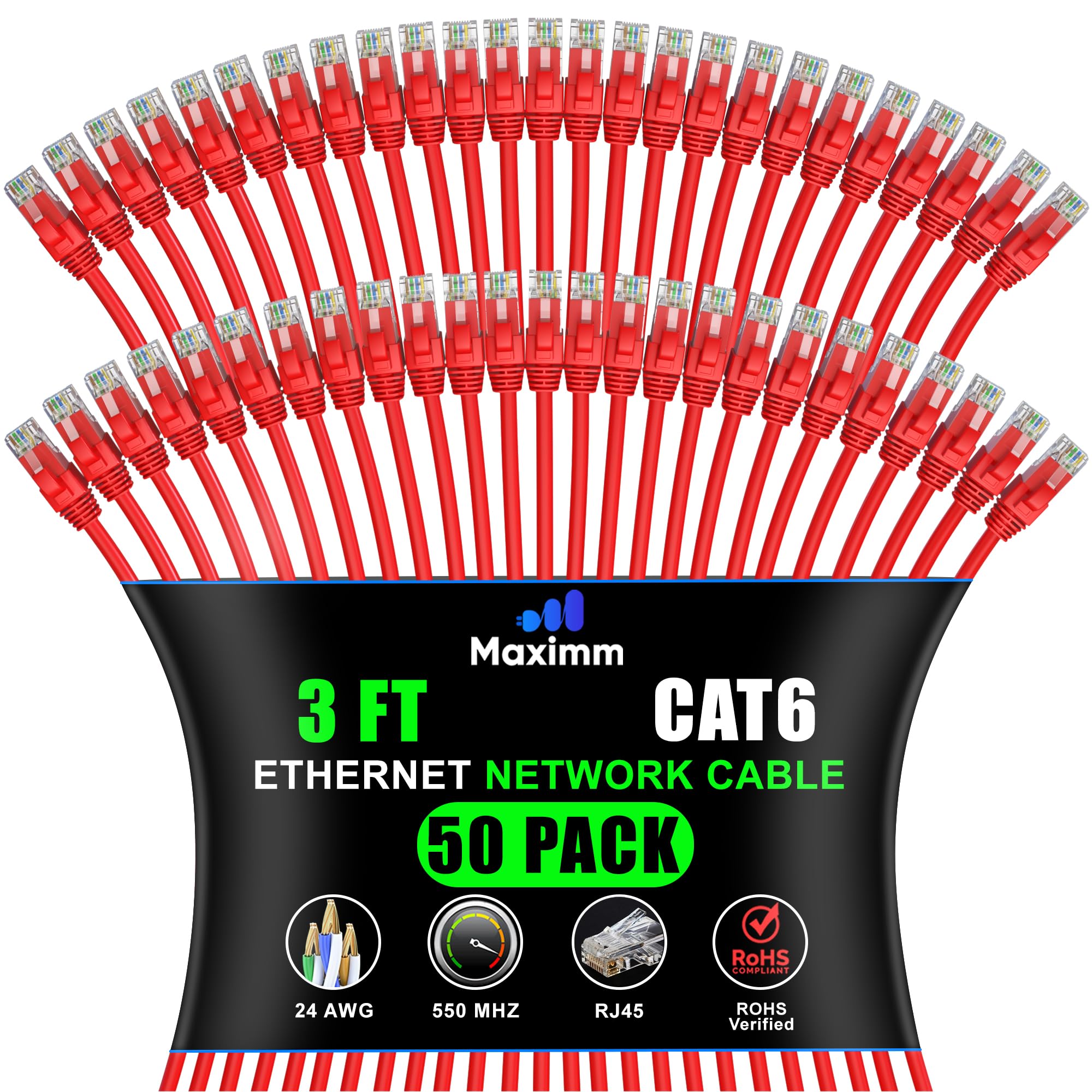 Maximm Cat 6 Ethernet Cable 3 ft (50-Pack) - High-Speed LAN, Internet, Patch, and Network Cord - UTP, 10Gbps, 550MHz - Red