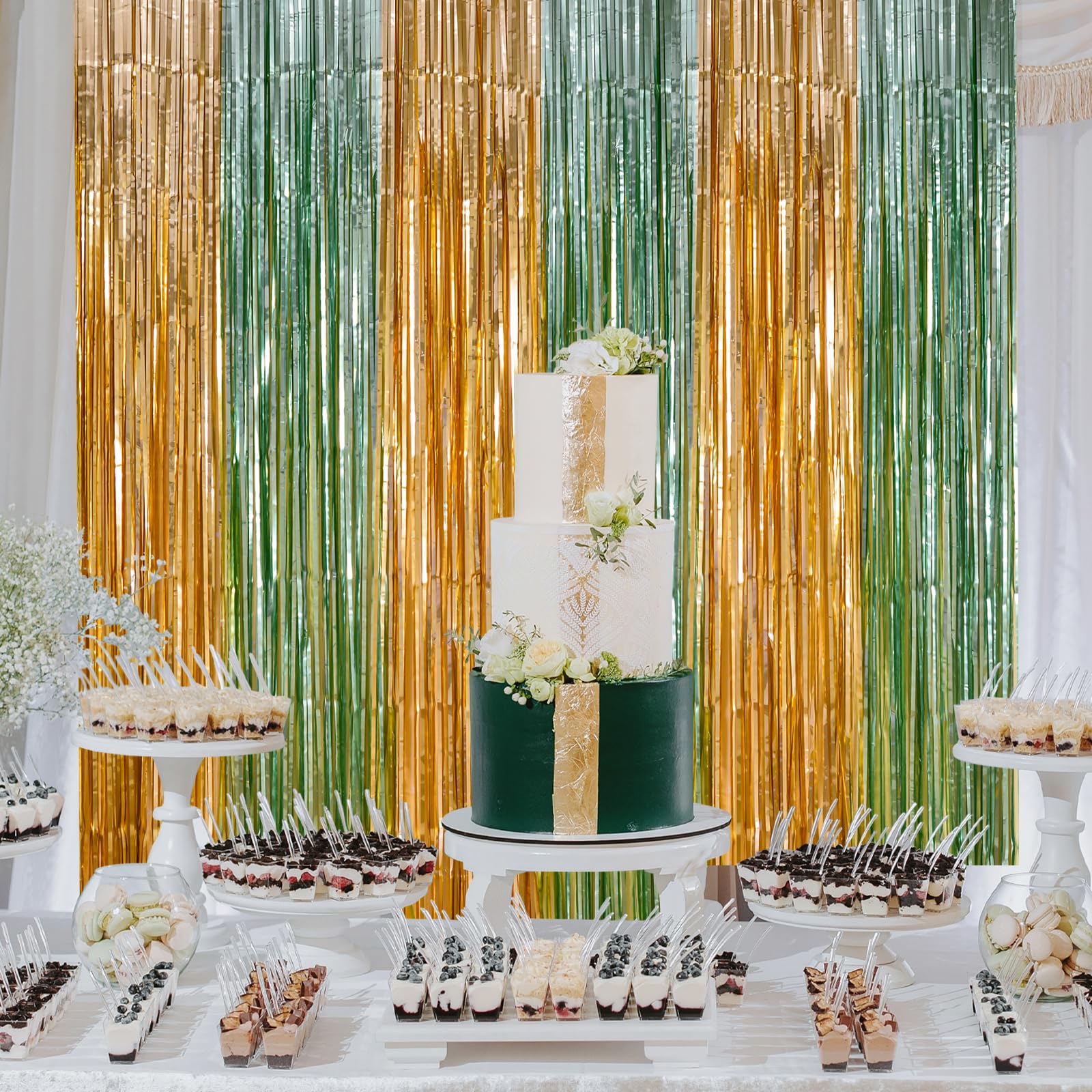 Lolstar 2 Pack Sage Green And Gold Party Decorations 3.3X6.6Ft Foil Fringe Curtains,Safari Green Baby Shower Decor Also Perfect