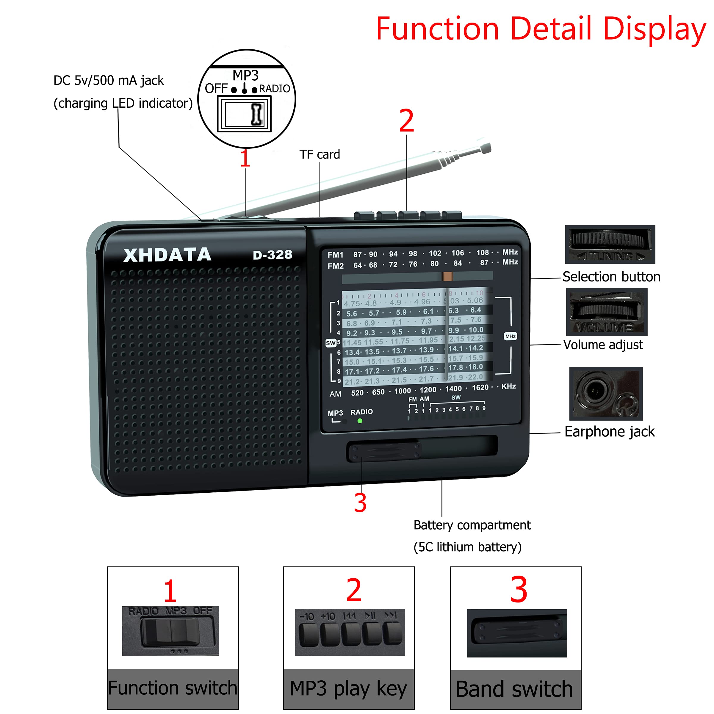 Xhdata D 328 Shortwave Am Fm Dsp Portable Small Multi Band Radio Stereo Mp3 Player With Rechargeable Battery Earphone Jack Porta