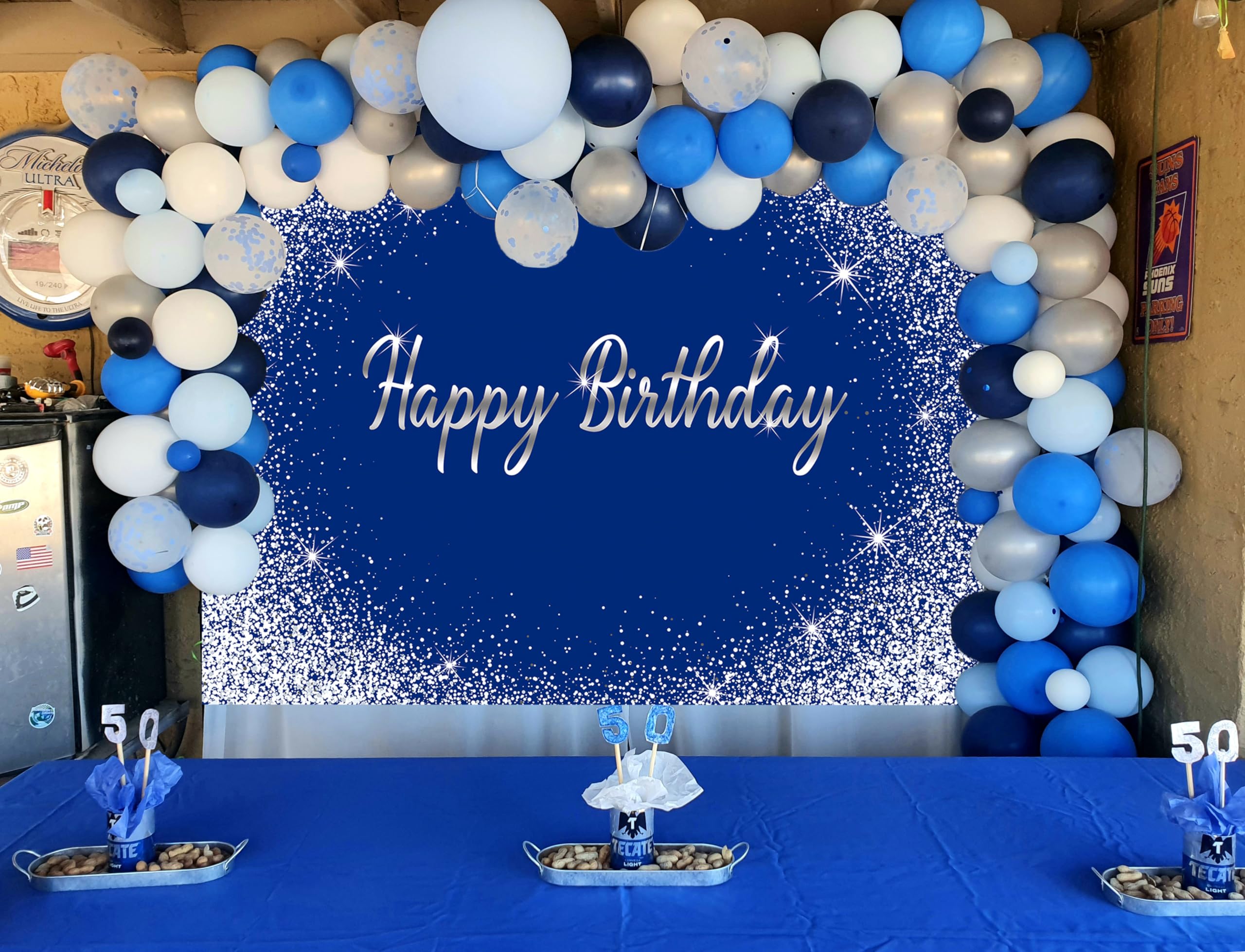 Royal Blue Happy Birthday Backdrop 7X5Ft Glitter Blue Silver Dot Photography Background Birthday Party Decoration Banner Cake Ta