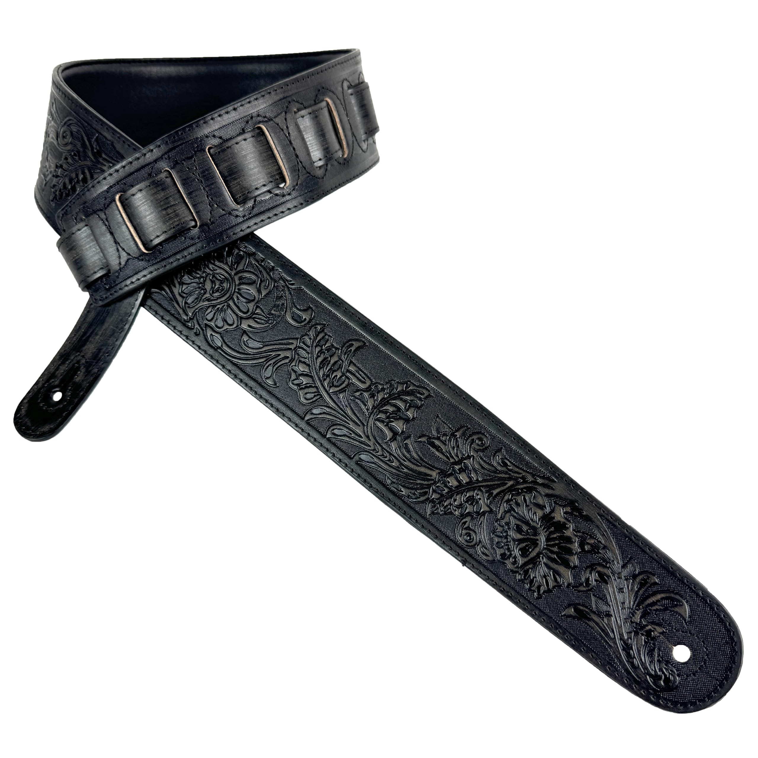 Walker & Williams Lif 02 Distressed Black Handmade Leather Padded Guitar Strap With Western Sheridan Tooling For Acoustic, Elect