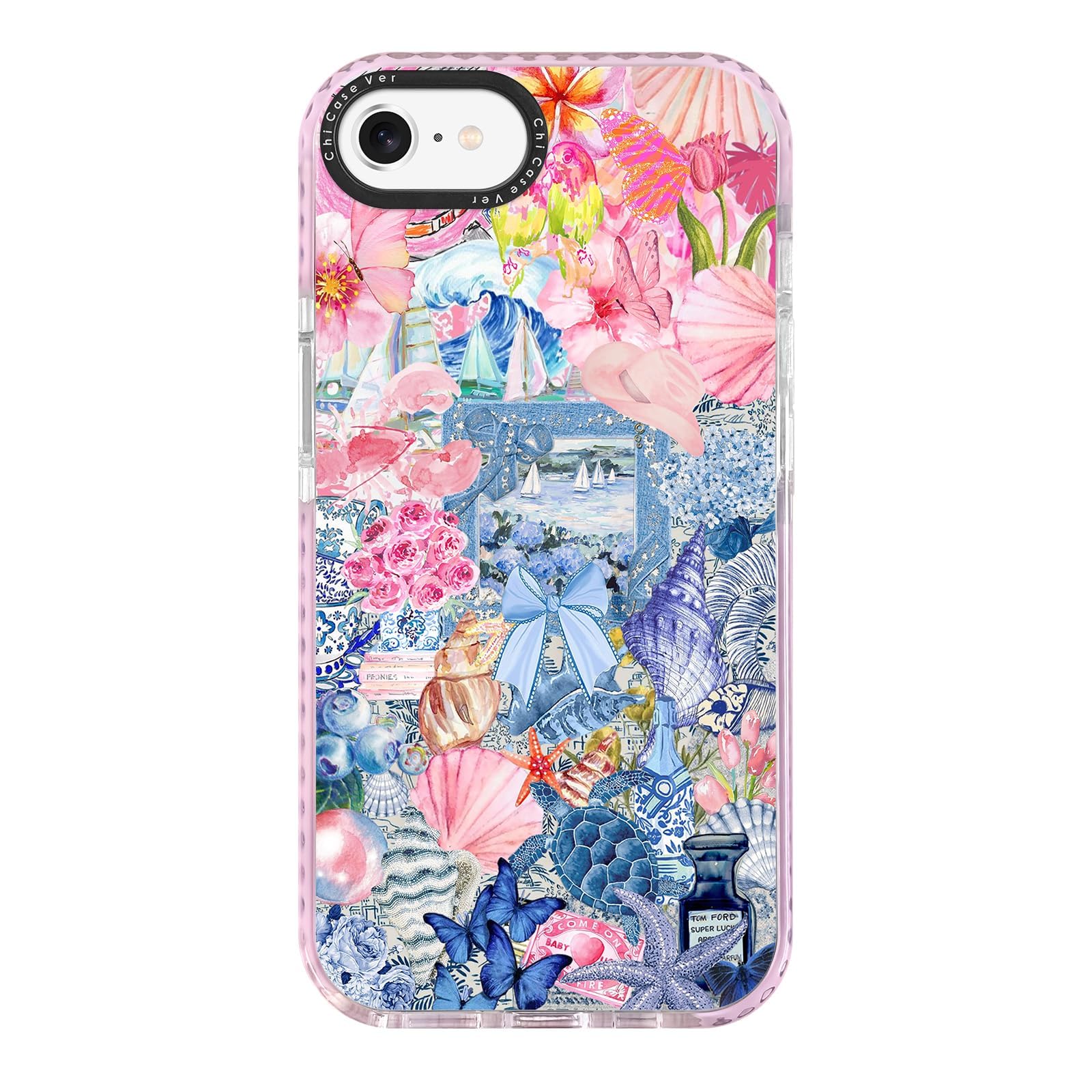ChiCaseVer for iPhone 7/8/SE Case,Vintage Coastal Collage with Flowers,Turtle,Shells & Sailboats Pattern, Military-Grade Drop Pr