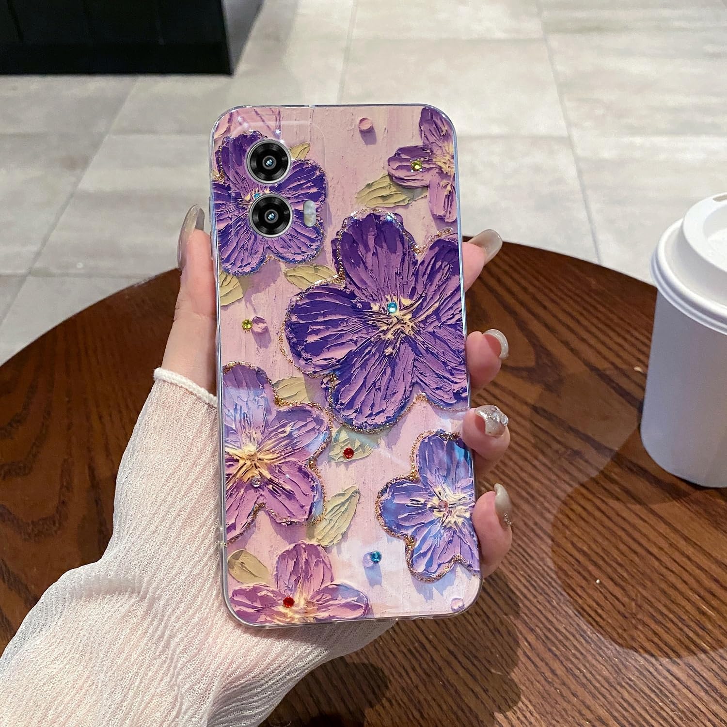 Leleyun Case For Motorola Moto G Stylus 5G 2024 6.7, Retro Oil Painting Printed Flower Cute Pattern With Glitter Gem Phone Cover