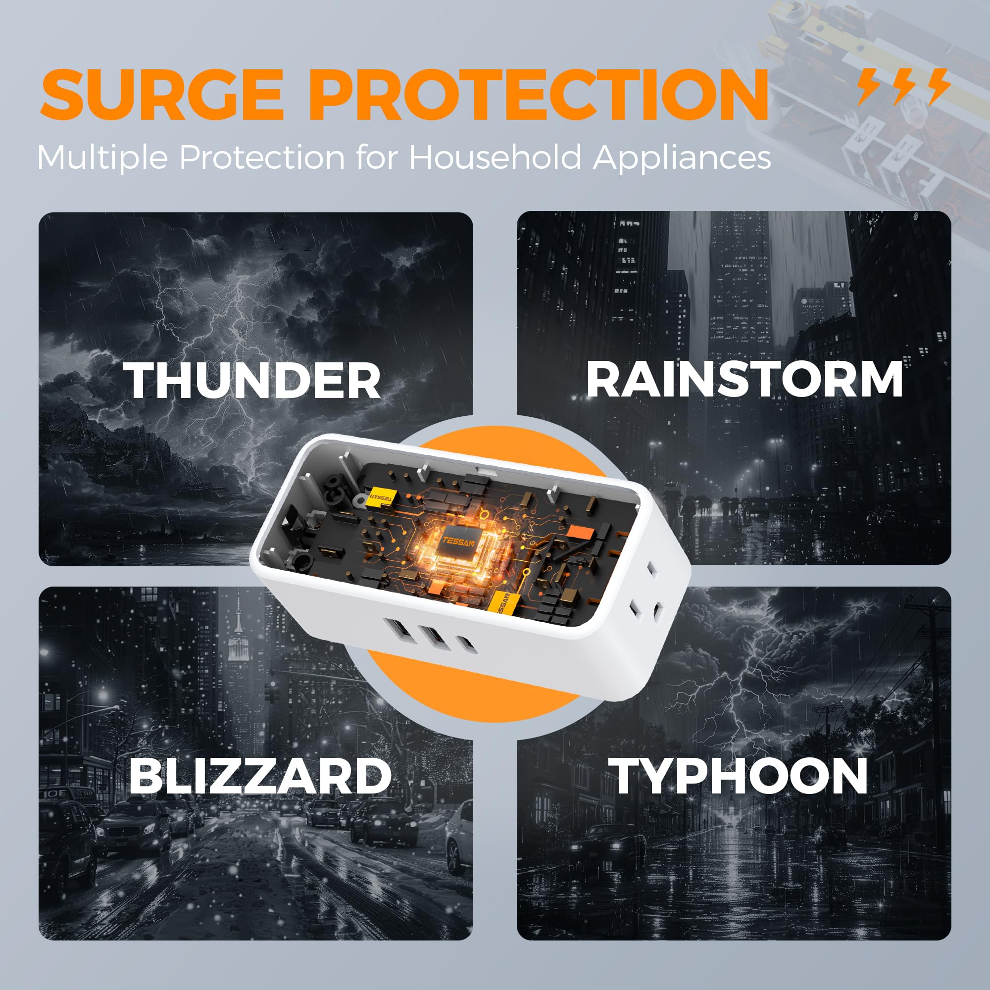 Multi Plug Wall Outlet, Tessan 4 Outlet Extender With 3 Usb (1 Usb C), Multi Plug Surge Protector 900J, Multiple Wall Charger Fo