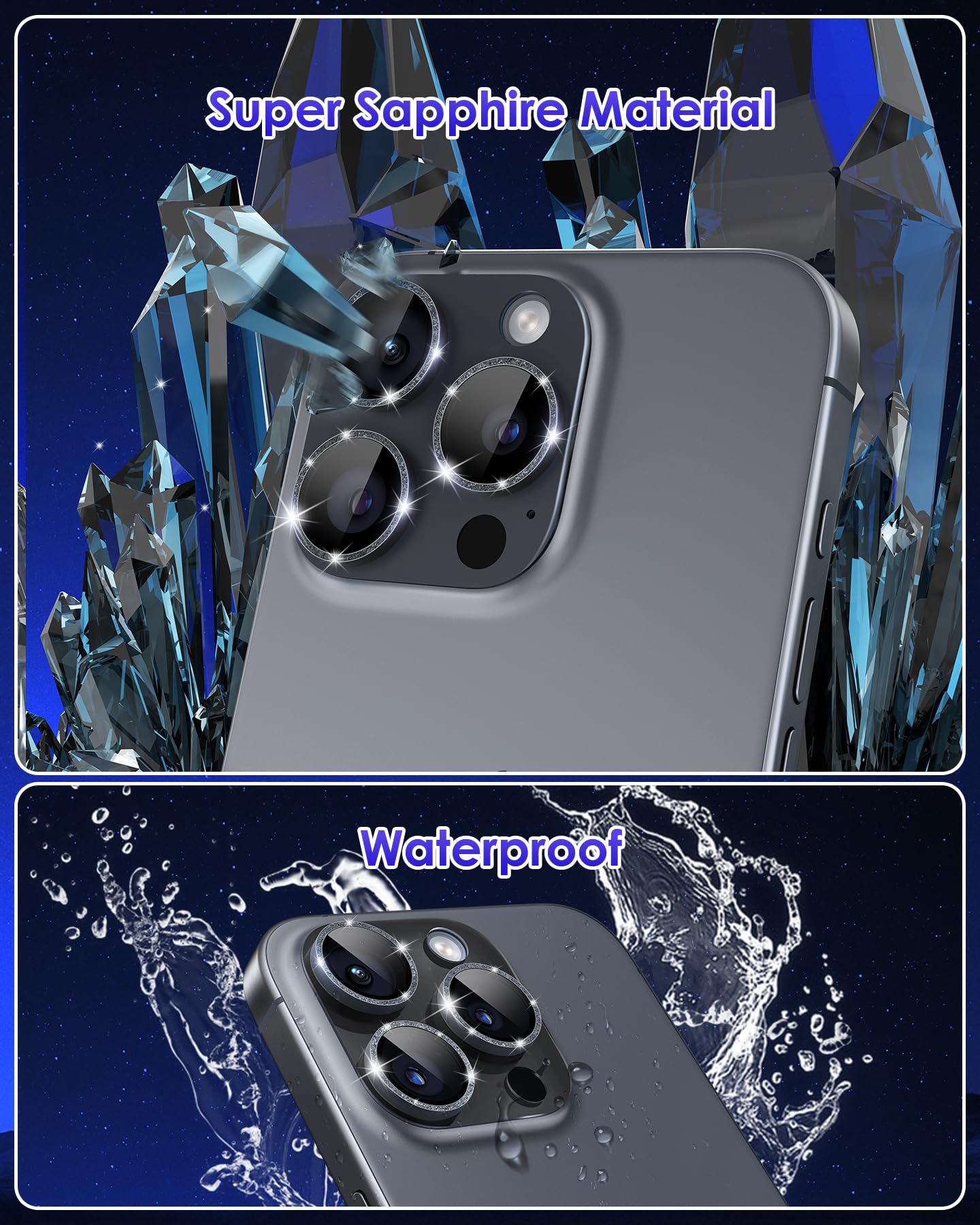 Kanosan For Iphone 16 Pro Max/Iphone 16 Pro/Iphone 14 Pro/Iphone 14 Pro Max Camera Lens Protector Glitter, Clear Acrylic Plus Al