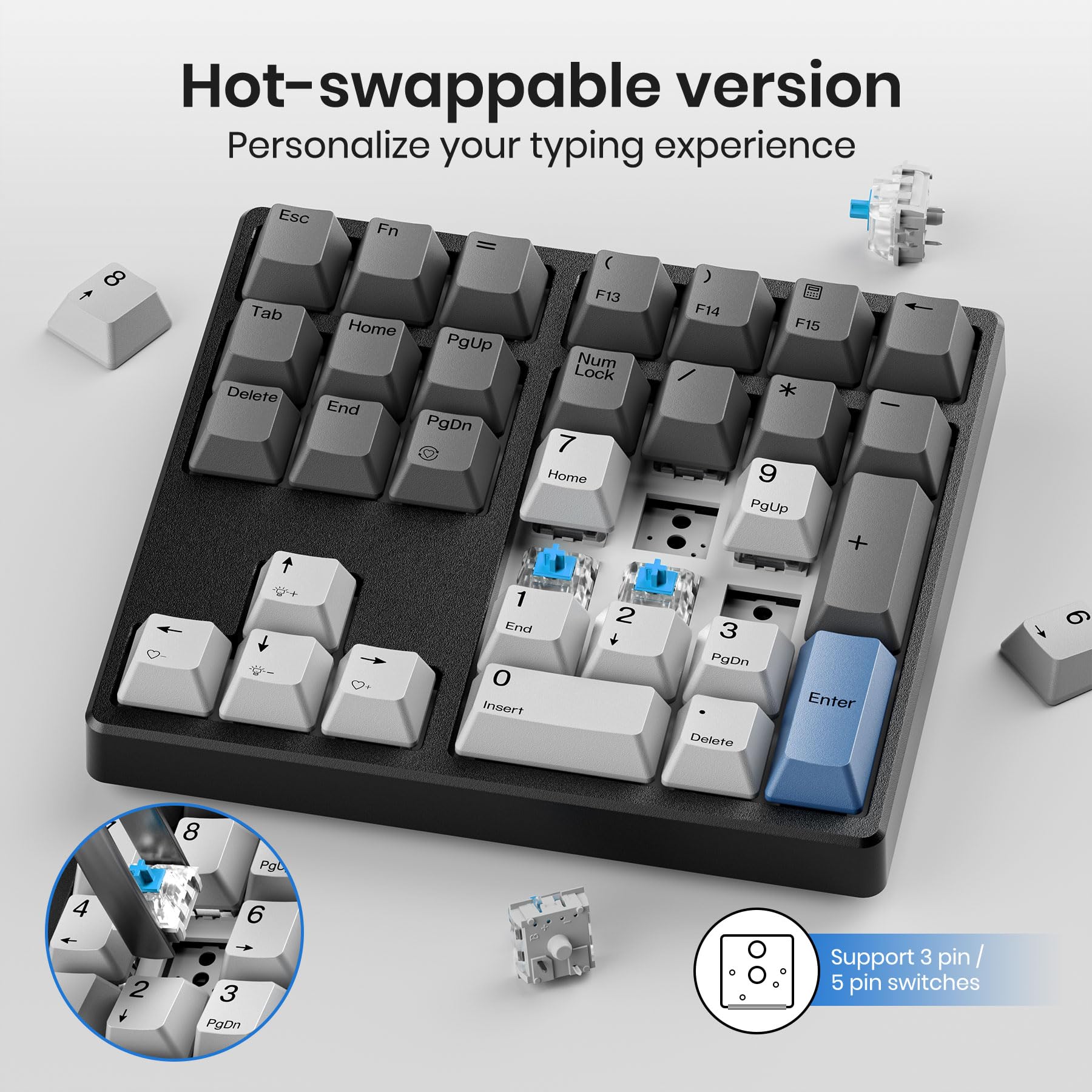 Kisnt Mechanical Number Pad, 34 Key Hot Swappable Numpad With Gateron Switches Wired Usb Numeric Keypad With Pbt Keycaps White B