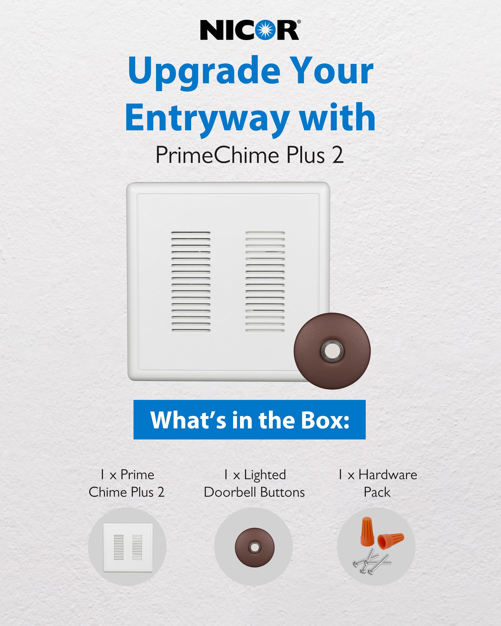 Primechime Plus 2 Electric Doorbell Kit   Doorbells For Home   Includes Selectable Ring Chimes   Stucco Button, Architectural Br