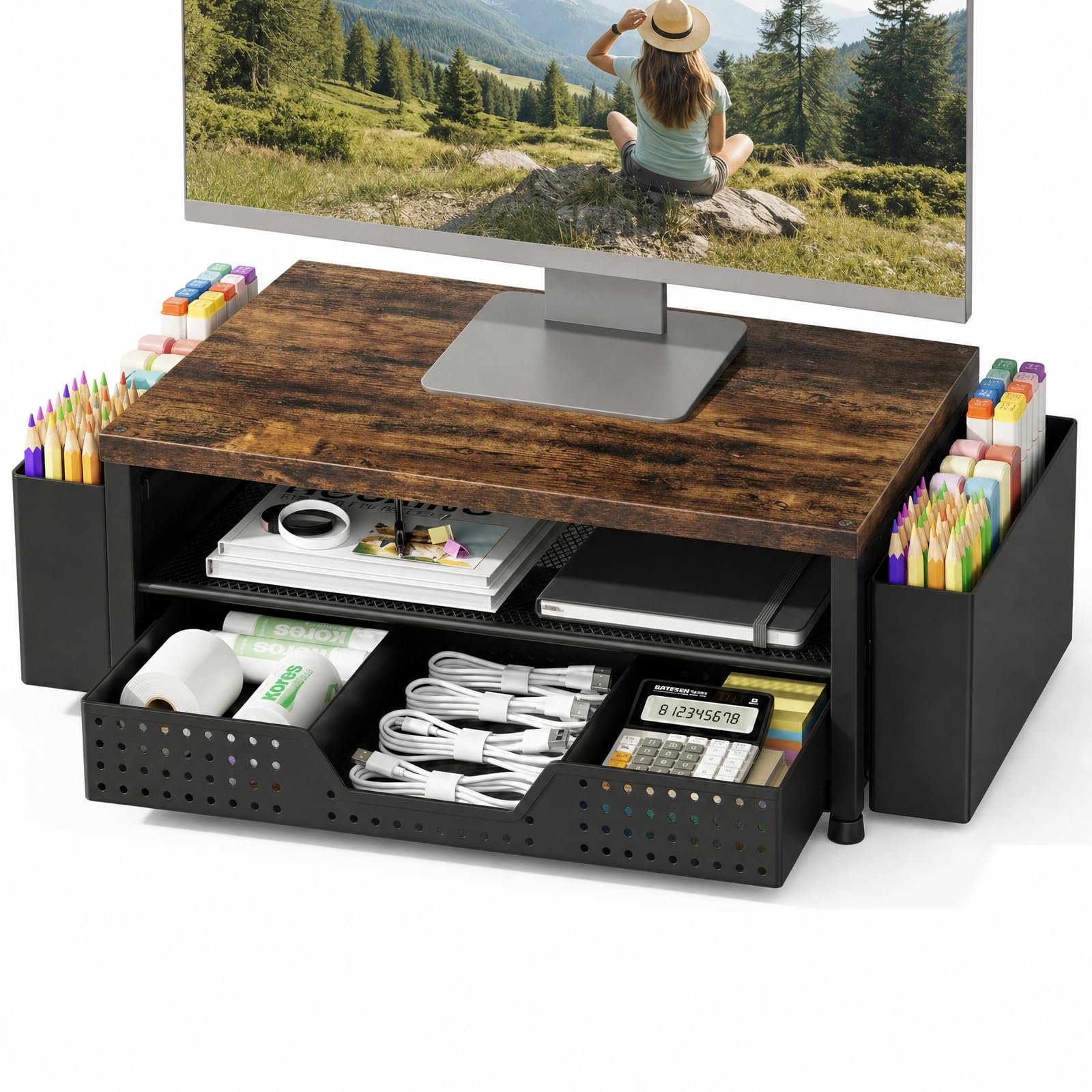 LEKETREE Wood Desk Organizer, 2Tier Computer Monitor Stand Riser with Storage Drawer and 2 Pen Holders, Laptop & Printer Stand,