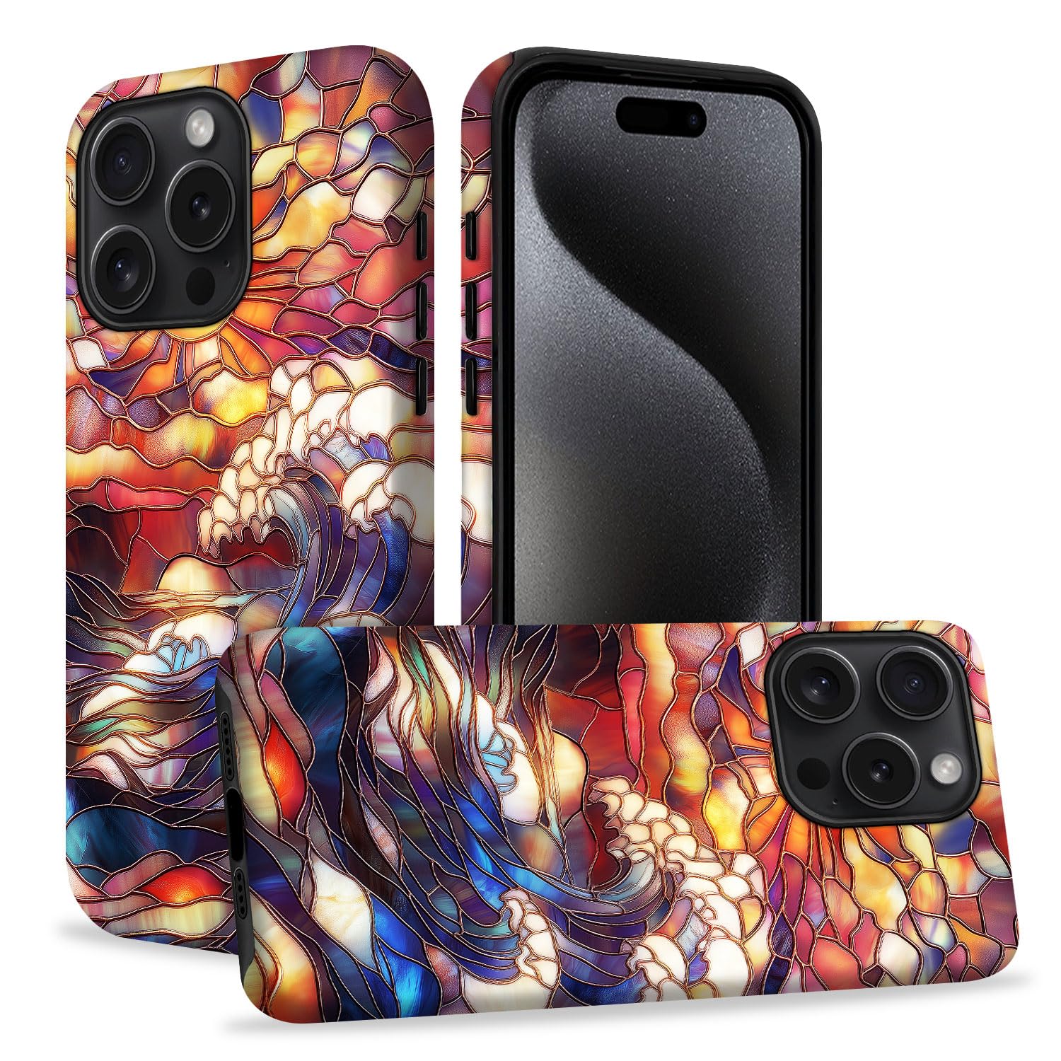Bapzix Compatible with iPhone 15 Pro Case,Waves Sun Stained Glass Classic Hybrid Phone Cover