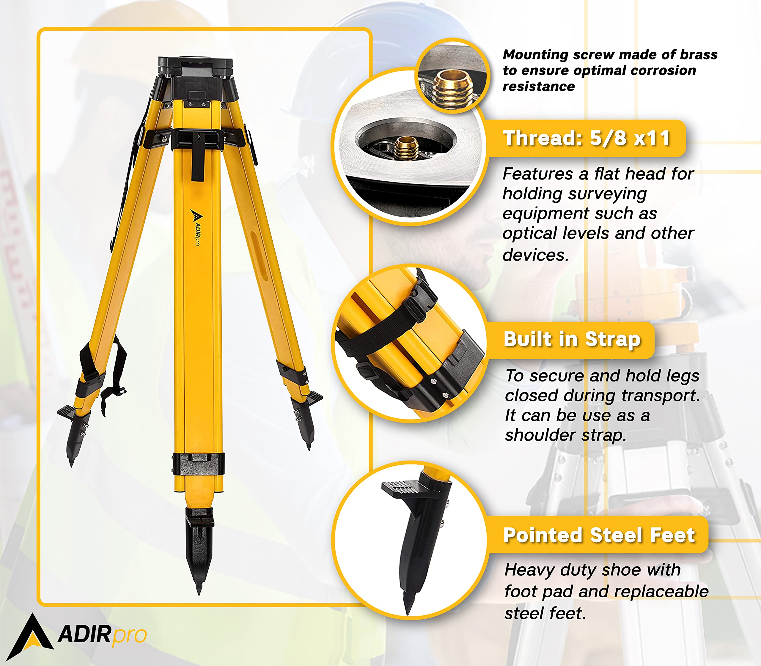 Adirpro Universal Survey Tripod - Laser Level & Transit Level - Quick Clamp - Heavy Duty Contractor Tripod 5/8 X 11 Thread (Ye