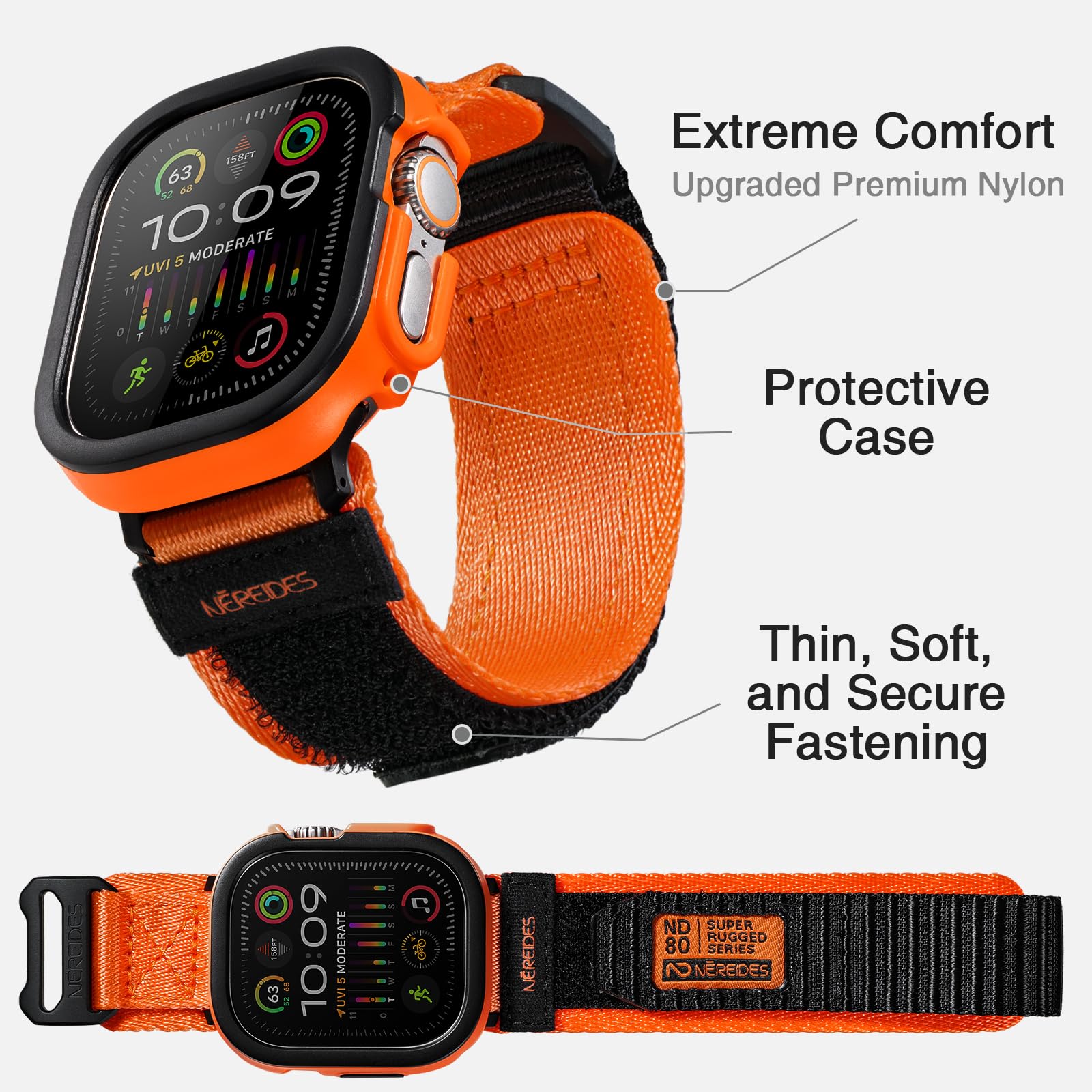 Rugged Case With Band For Apple Watch Ultra 1/2 Band 49Mm, Hook And Loop Nylon Sport Strap With Case For Iwatch Men(Orange)