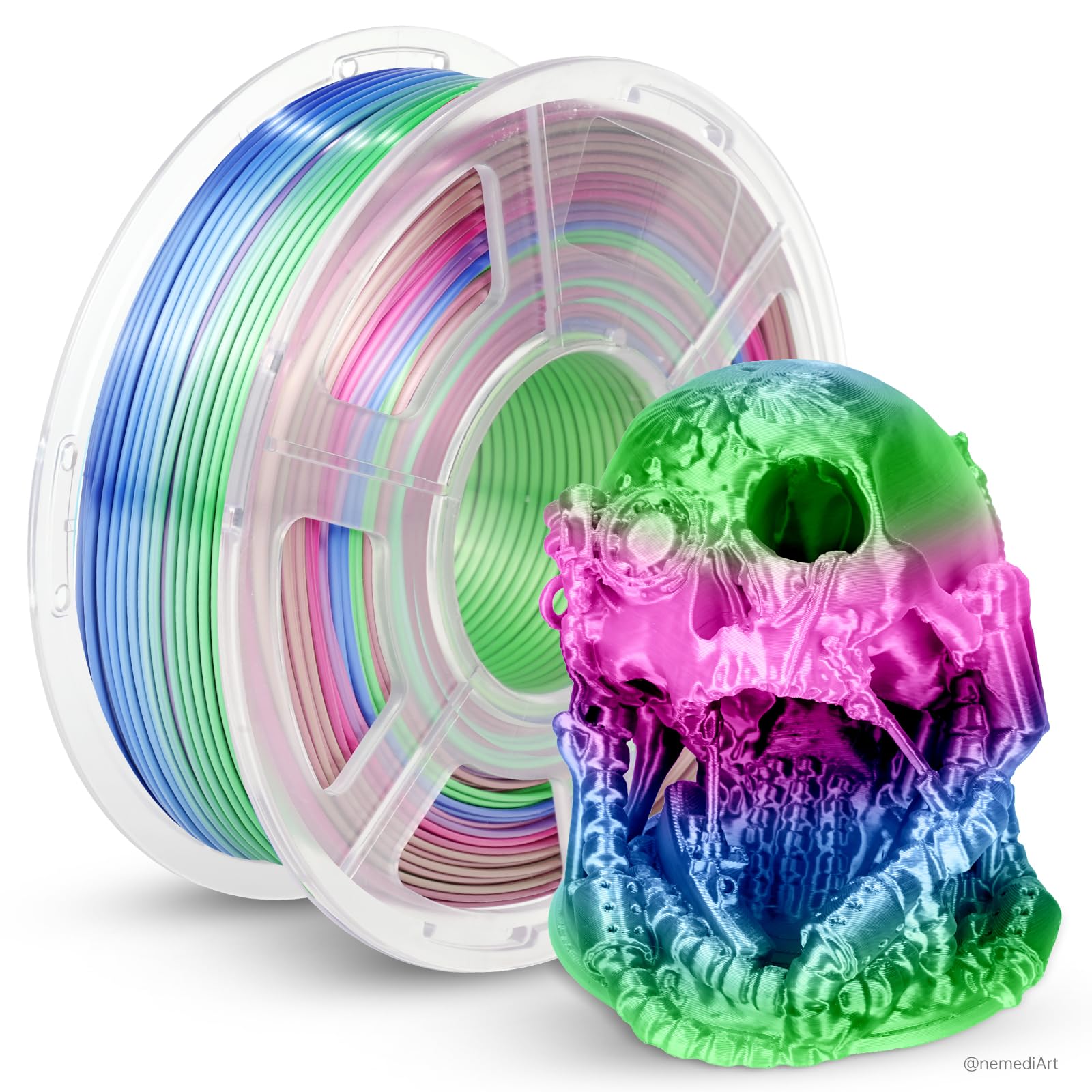 JAYO Silk Rainbow PLA+ Filament 1.75mm 1.1kg, Multicolor Gradient Shiny PLA, Color Changes Every 8 Meters in Cyan-Magenta-Blue, 