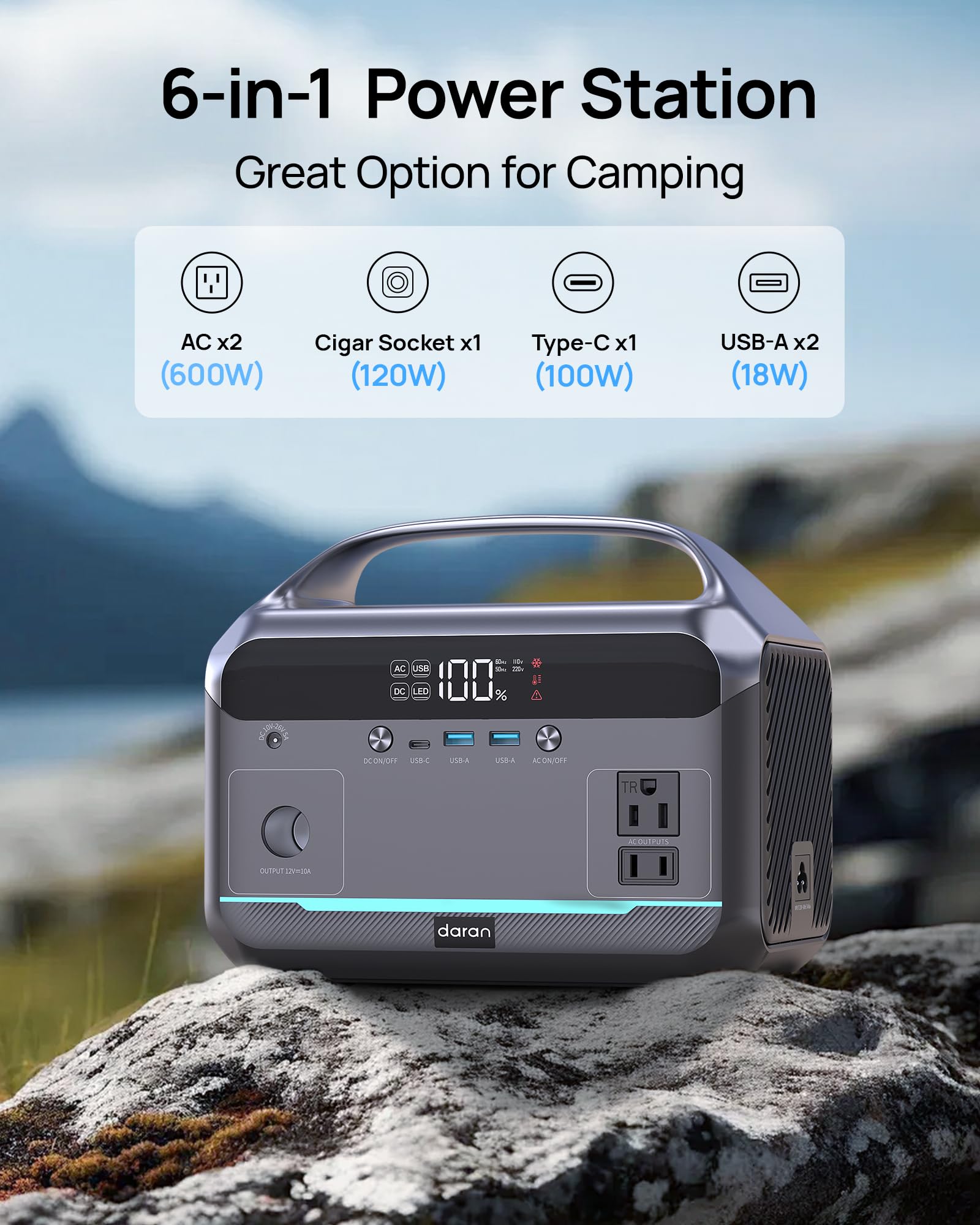 Portable Power Station 600W (1200W Peak), 288Wh (90,000Mah) Lfp Battery Solar Generator, 2Hrs Fast Charging, 8.7Lb Power Bank Wi
