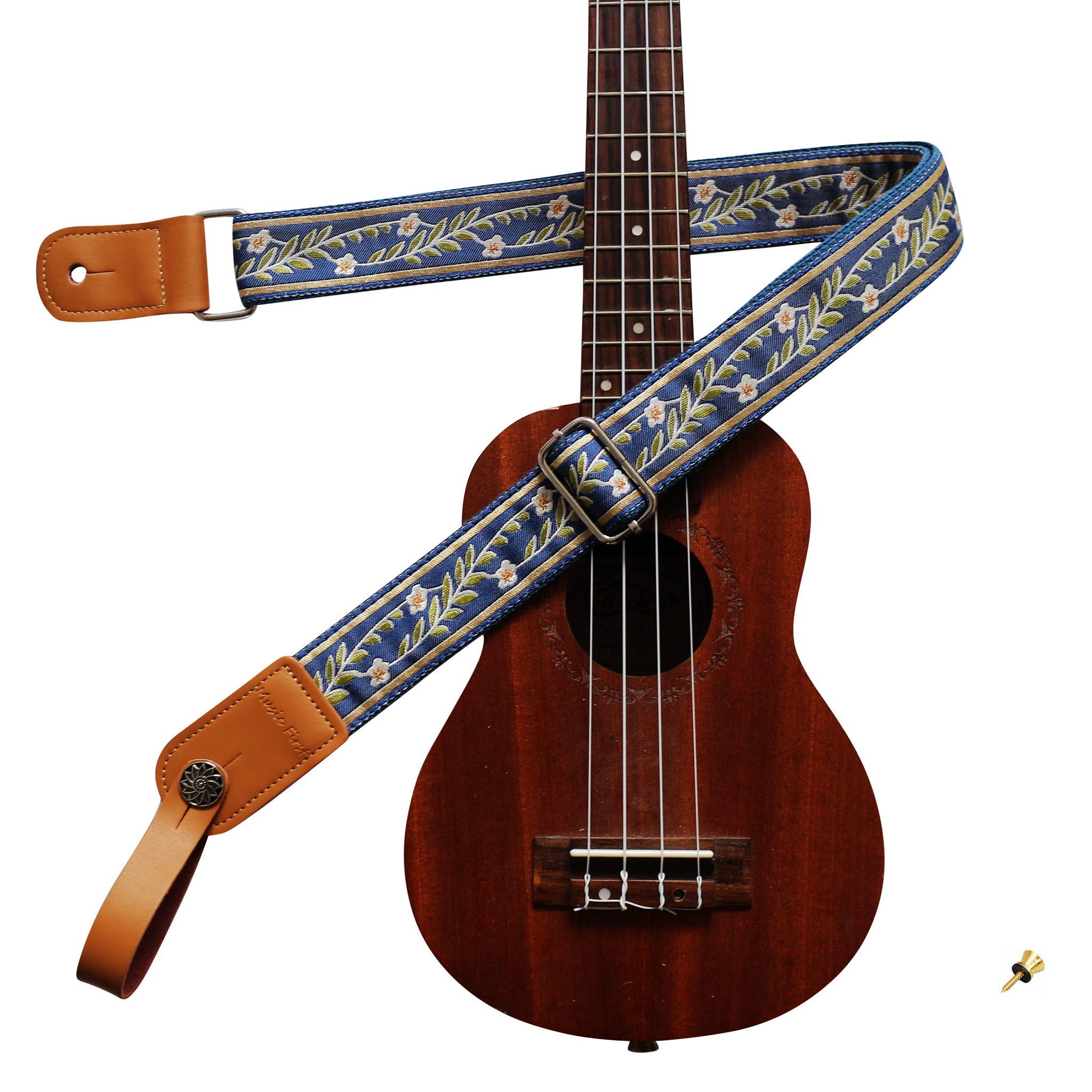 Music First Original Design Vintage Blue    Jasmine    Soft Meshbelt & Genuine Leather Ukulele Strap Ukulele Shoulder Strap With