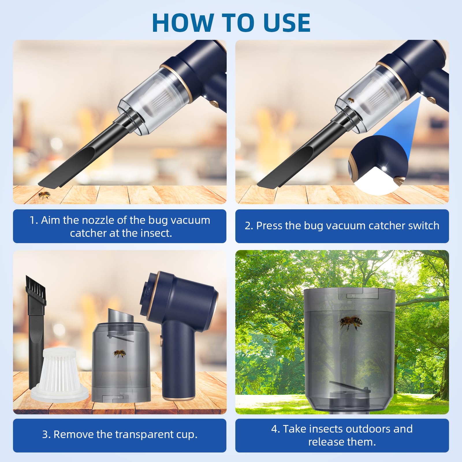 Bug Vacuum Catcher For Insect Pet Hair Dust Handheld Vacuum Cleaner Cordless Rechargeable Dust Buster & Air Blower With Strong S