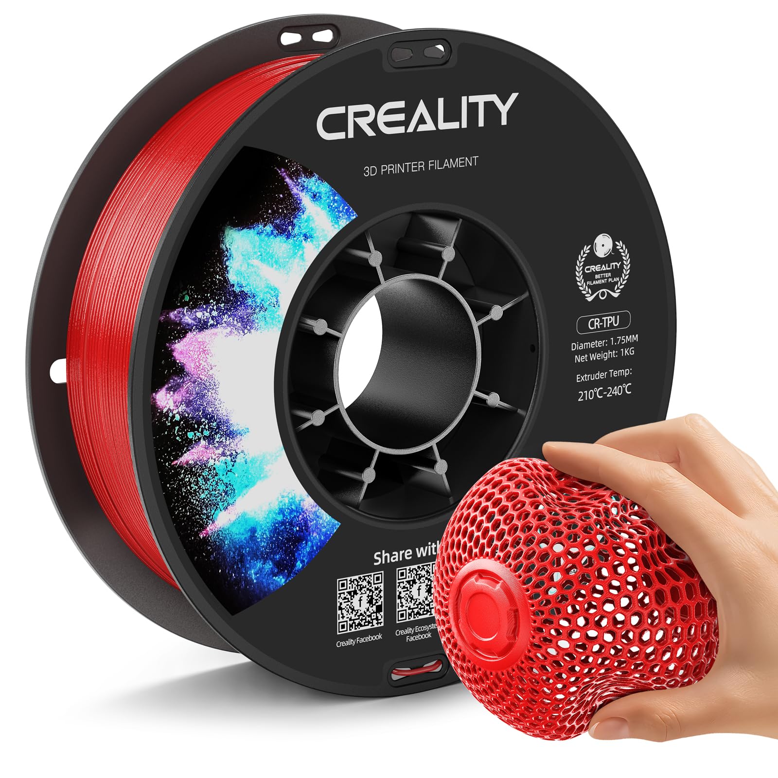 Creality TPU Filament 1.75mm Red, Flexible 3D Printer Filament TPU 95A, 1kg(2.2lbs) Neatly-Wound Spool, Excellent Resilience, We