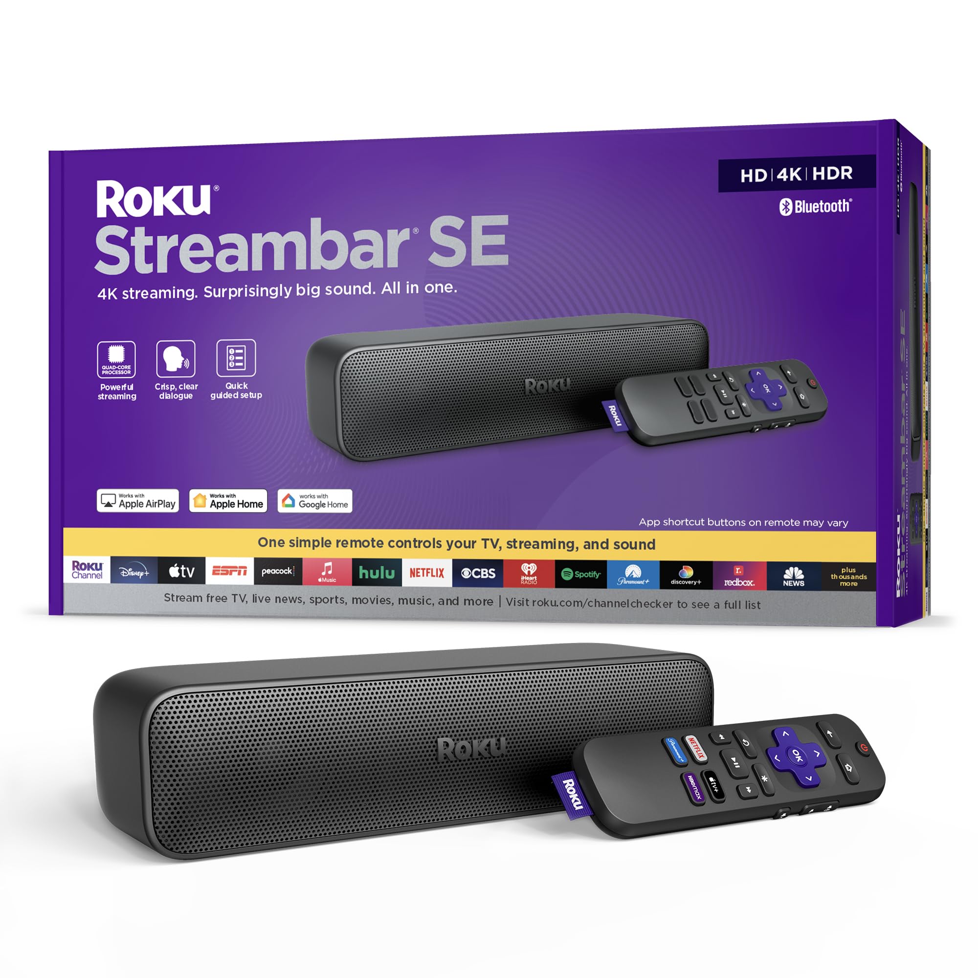 Roku Streambar Se | 2 In 1 Tv Soundbar With Built In 4K/Hd/Hdr Streaming, Premium Speakers, & Enhanced Speech Clarity For Crisp, Clear Dialogue   Quick Guided Simple Setup
