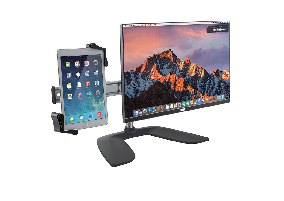 Dual Screen Workstation – CTA Adjustable Dual Mounting System with Monitor and Tablet Holder Mounts - for 7-13' Tablets, iPad Pro 11' & 12.9', iPad Mini, iPad Air, Surface Pro 4 (PAD-DSVT) – Silver