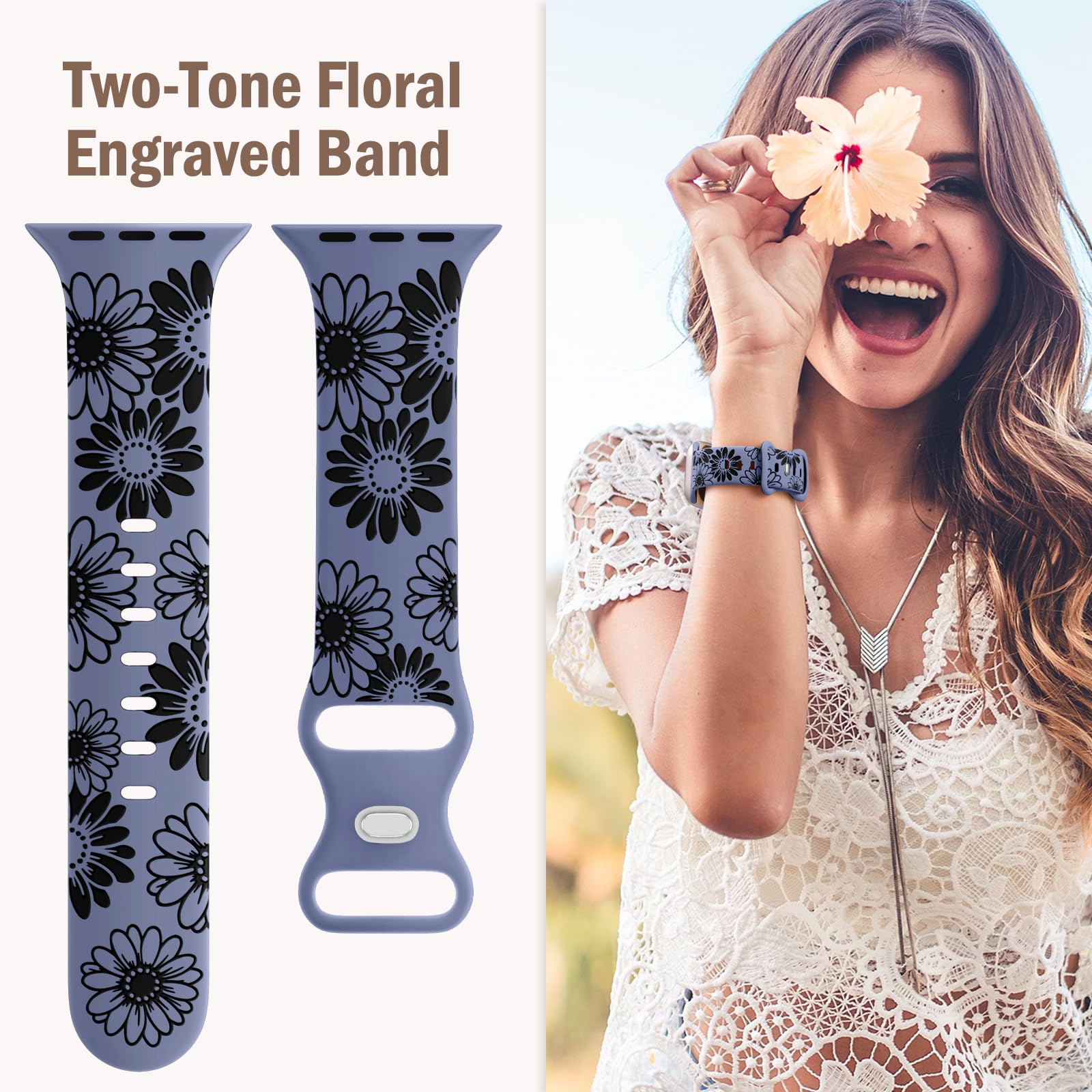 Daqin Floral Engraved Band Compatible With Apple Watch Band 40Mm 41Mm 42Mm 38Mm Women,Cute Flower Pattern Band Soft Silicone Spo